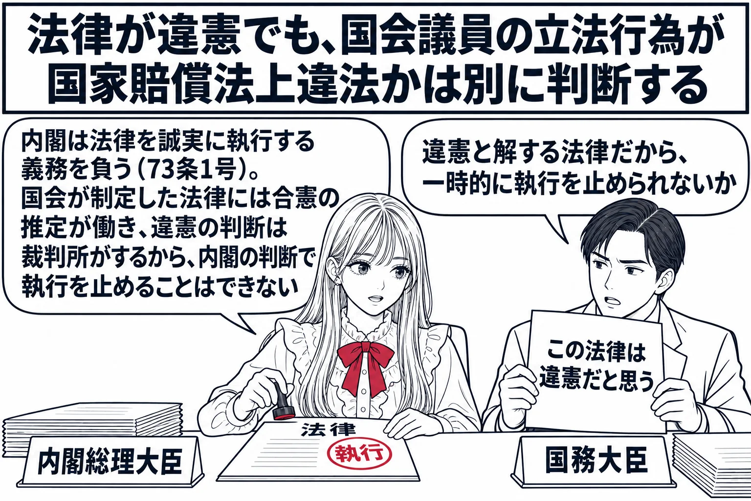 総理官邸の会議室の場面。先生が内閣総理大臣役（札「内閣総理大臣」）で机の上の「法律」と書かれた書類に「執行」の判を押している。向かいの大臣の男性（札「国務大臣」）が「この法律は違憲だと思う」と書いた紙を持ち、吹き出し「違憲と解する法律だから