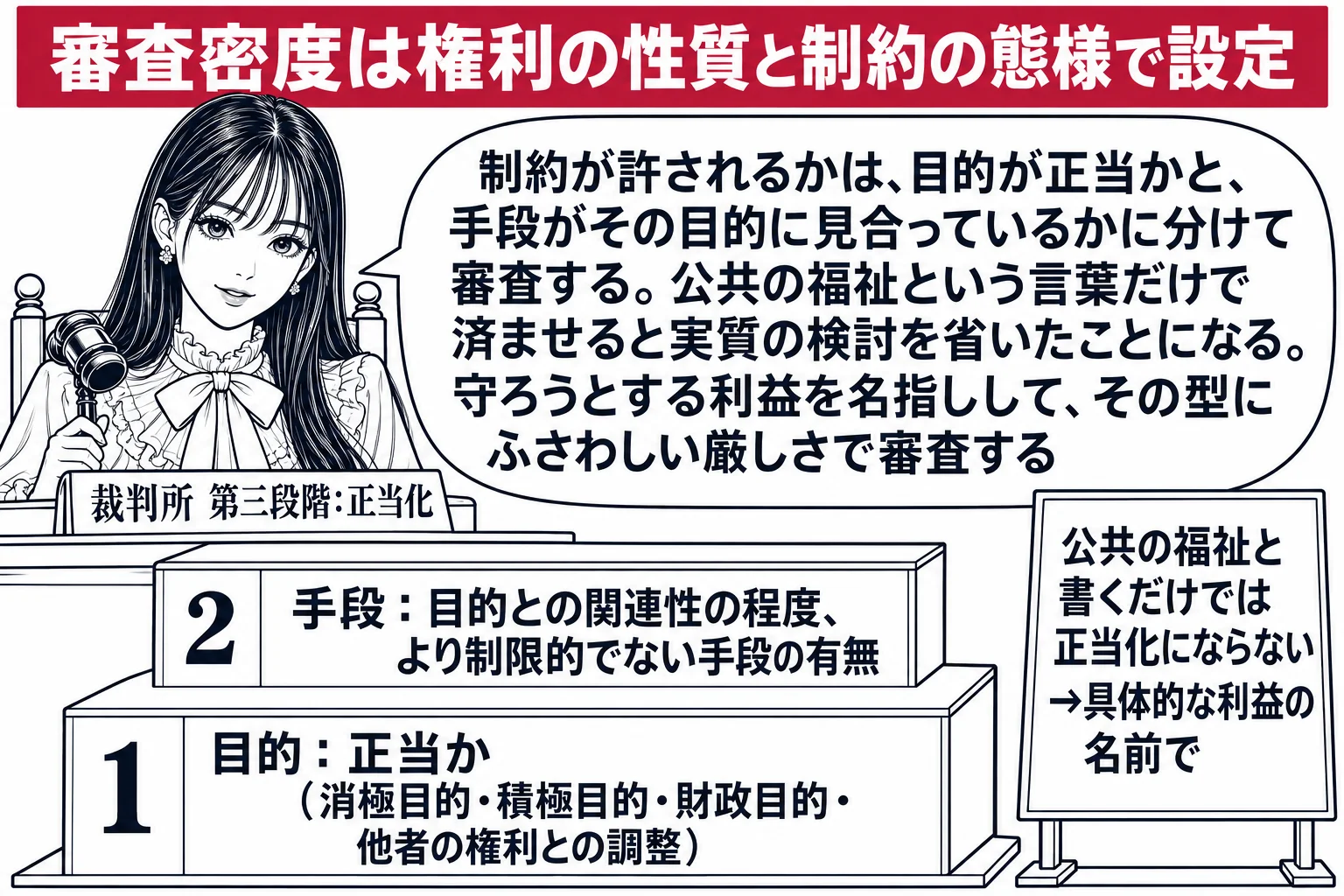 先生が裁判官役（札「裁判所 第三段階：正当化」）で法壇に座り、目の前に二段の階段。一段目「目的：正当か（消極目的・積極目的・財政目的・他者の権利との調整）」、二段目「手段：目的との関連性の程度、より制限的でない手段の有無」。階段の脇に「公共