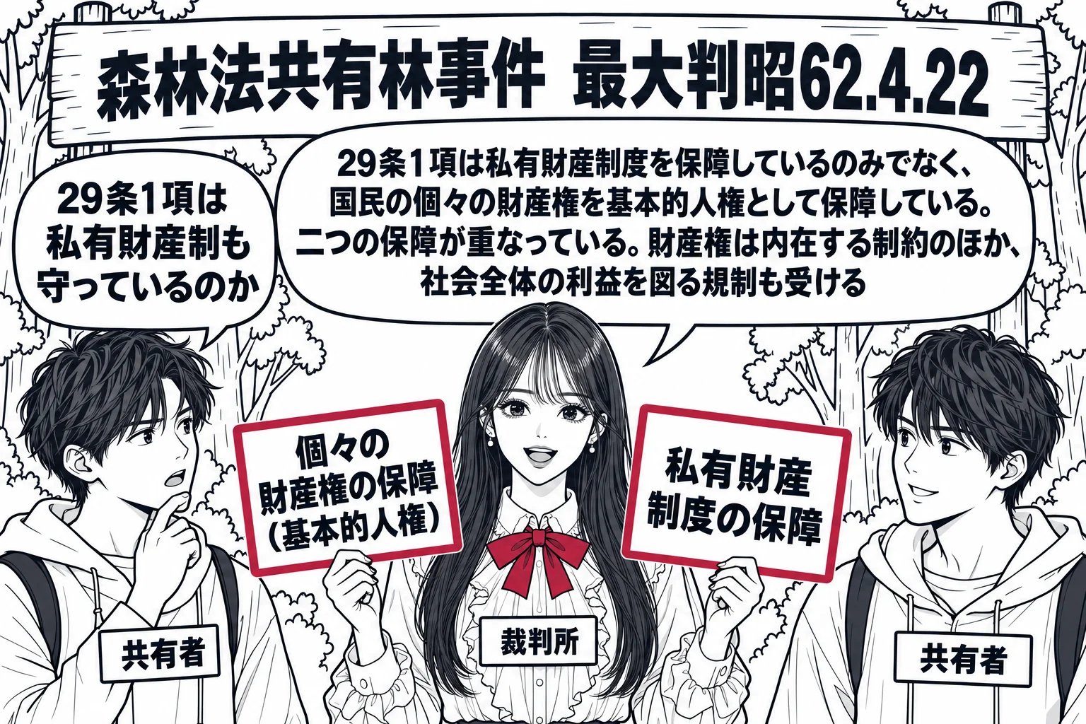 森林の入口の場面。先生が裁判官役（札「裁判所」）で中央に立ち、二枚の札を持つ。左手の札「私有財産制度の保障」、右手の札「個々の財産権の保障（基本的人権）」。前に共有林を持つ兄弟の男性二人（札「共有者」）が立ち、一人の吹き出し「29条1項は私
