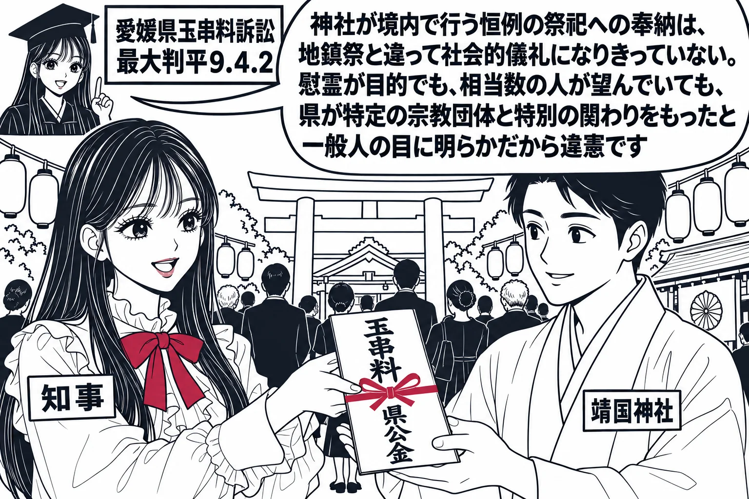神社の境内の祭礼の場面。先生が知事役（札「知事」）で、「玉串料　県公金」と書かれた紙包みを神社の受付の男性（札「靖国神社」）に差し出している。背景に鳥居と祭礼のちょうちん、参列する遺族たちの小さな姿。先生の頭上に小さく裁判官の帽子の先生の姿