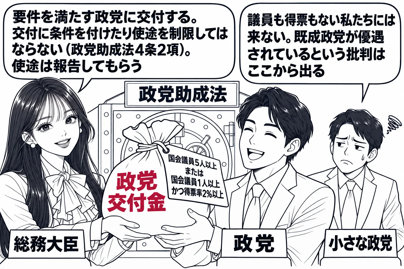 国の金庫の前の場面。先生が総務大臣役（札「総務大臣」）で「政党交付金」と書いた袋を差し出し、受け取る政党の男性（札「政党」）が立っている。袋には「国会議員5人以上 または 国会議員1人以上かつ得票率2％以上」と書いた札。先生の吹き出し「要件