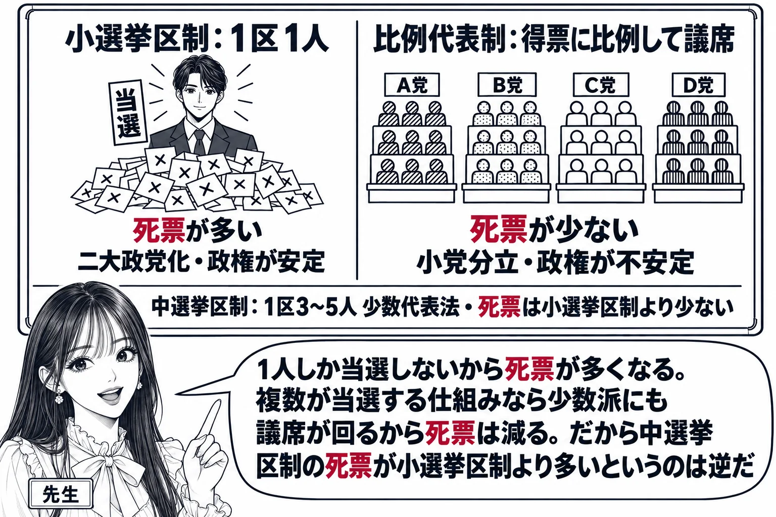 教室の黒板の前の場面。先生が講師役（札「先生」）で黒板を指している。黒板の左半分に「小選挙区制：1区1人」と、当選者1人の下に落選者たちの票が積まれた絵、その札「死票が多い」「二大政党化・政権が安定」。右半分に「比例代表制：得票に比例して議
