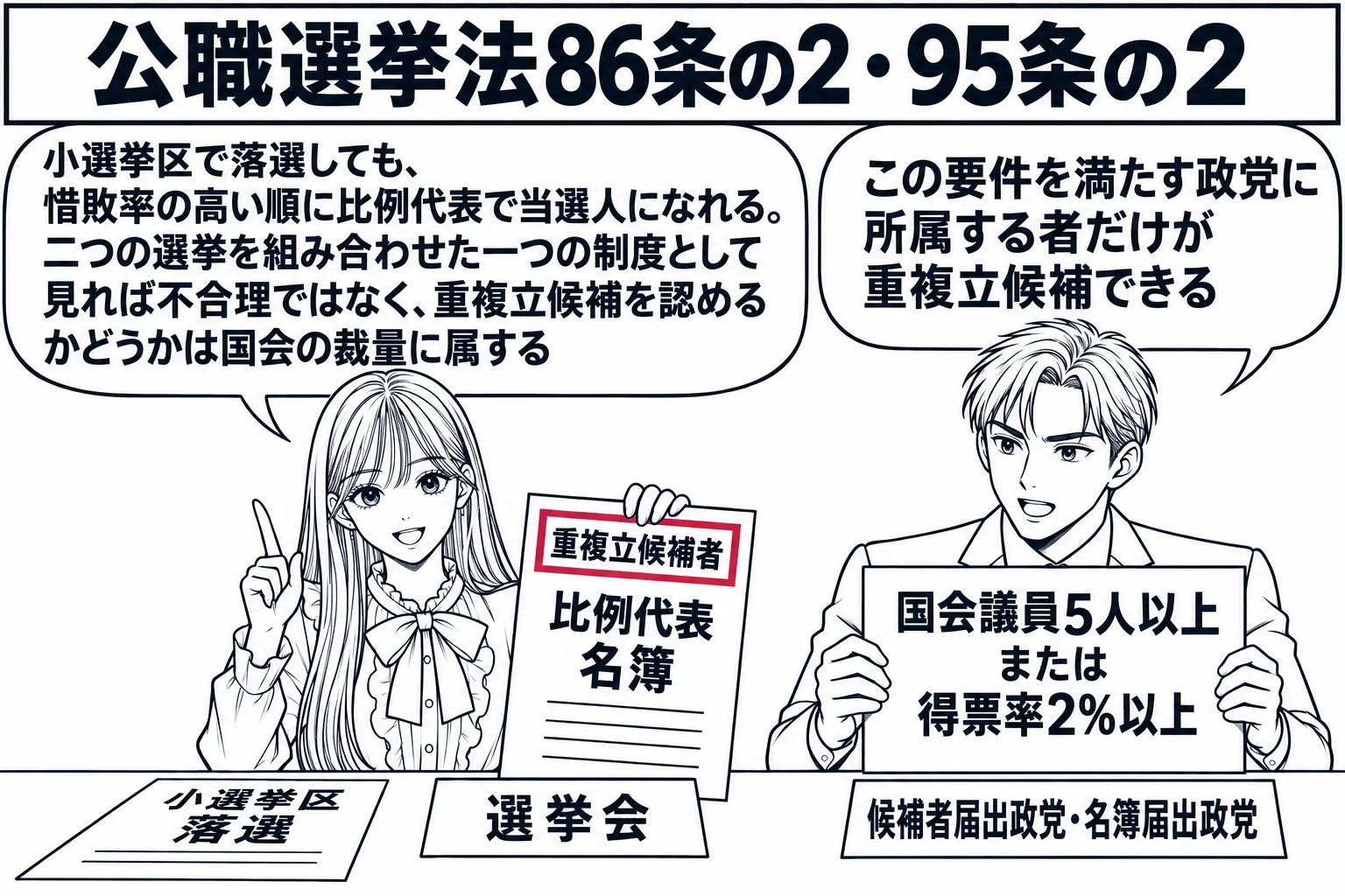 選挙管理委員会の会議室の場面。机に「小選挙区 落選」と「比例代表 名簿」の二枚の紙が並び、名簿の紙に「重複立候補者」の札。先生が選挙会の委員長役（札「選挙会」）で名簿の紙を持ち、吹き出し「小選挙区で落選しても、惜敗率の高い順に比例代表で当選