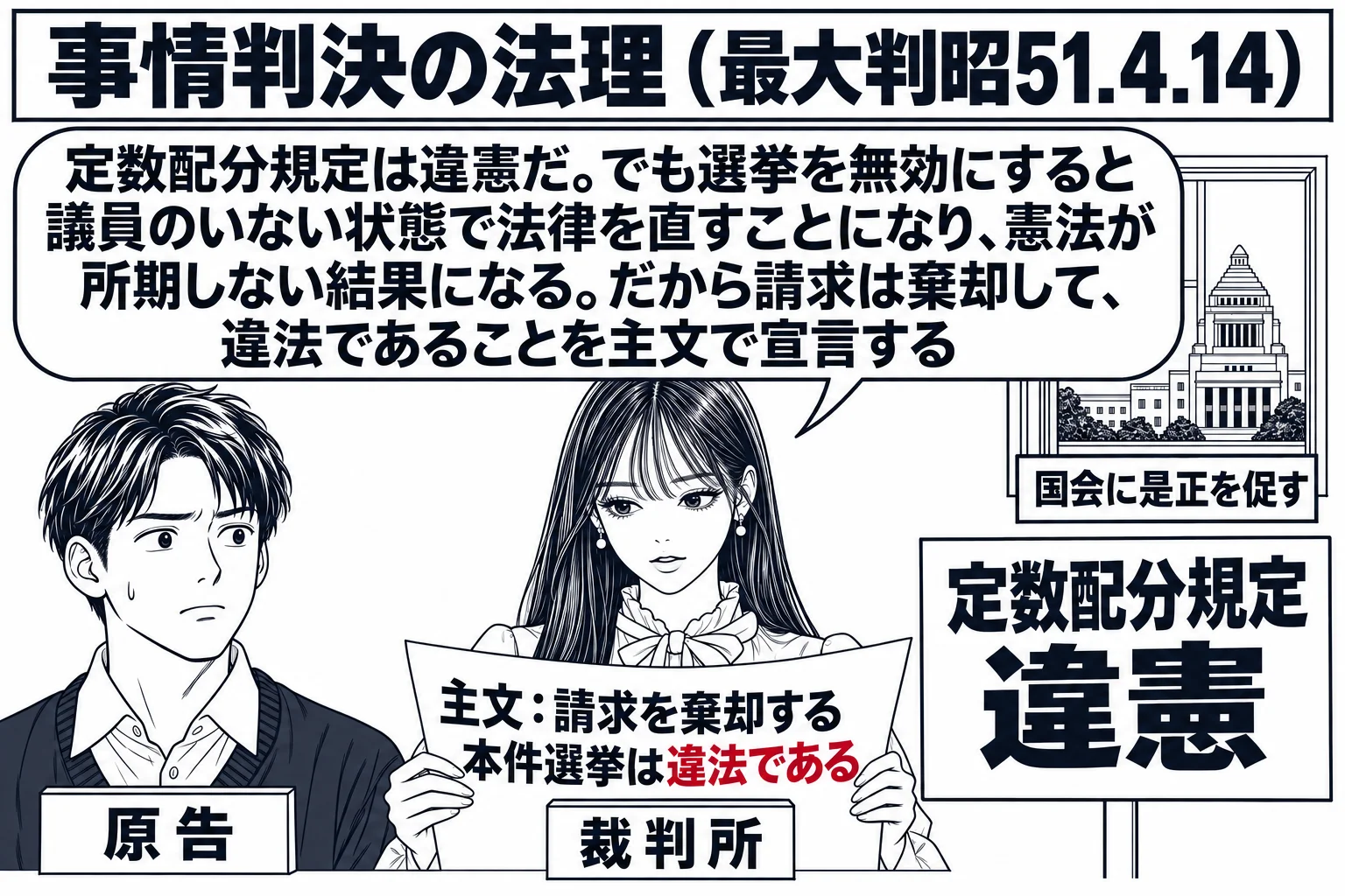 法廷の場面。先生が裁判官役（札「裁判所」）で判決文を読み上げ、判決文に「主文：請求を棄却する／本件選挙は違法である」と書かれている。左に選挙人の男性（札「原告」）、右に「定数配分規定 違憲」と書いた札。先生の吹き出し「定数配分規定は違憲だ。