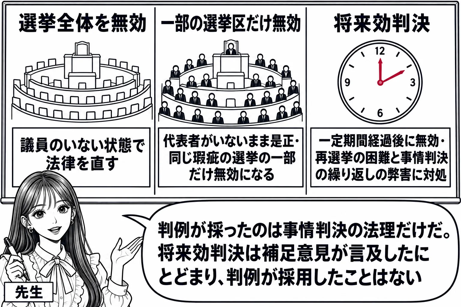 教室の黒板の前の場面。先生が講師役（札「先生」）で黒板に三つの案を並べて書いている。左「選挙全体を無効」の下に議員のいない空っぽの議席の絵と札「議員のいない状態で法律を直す」。中央「一部の選挙区だけ無効」の下に一つだけ空いた議席の絵と札「代