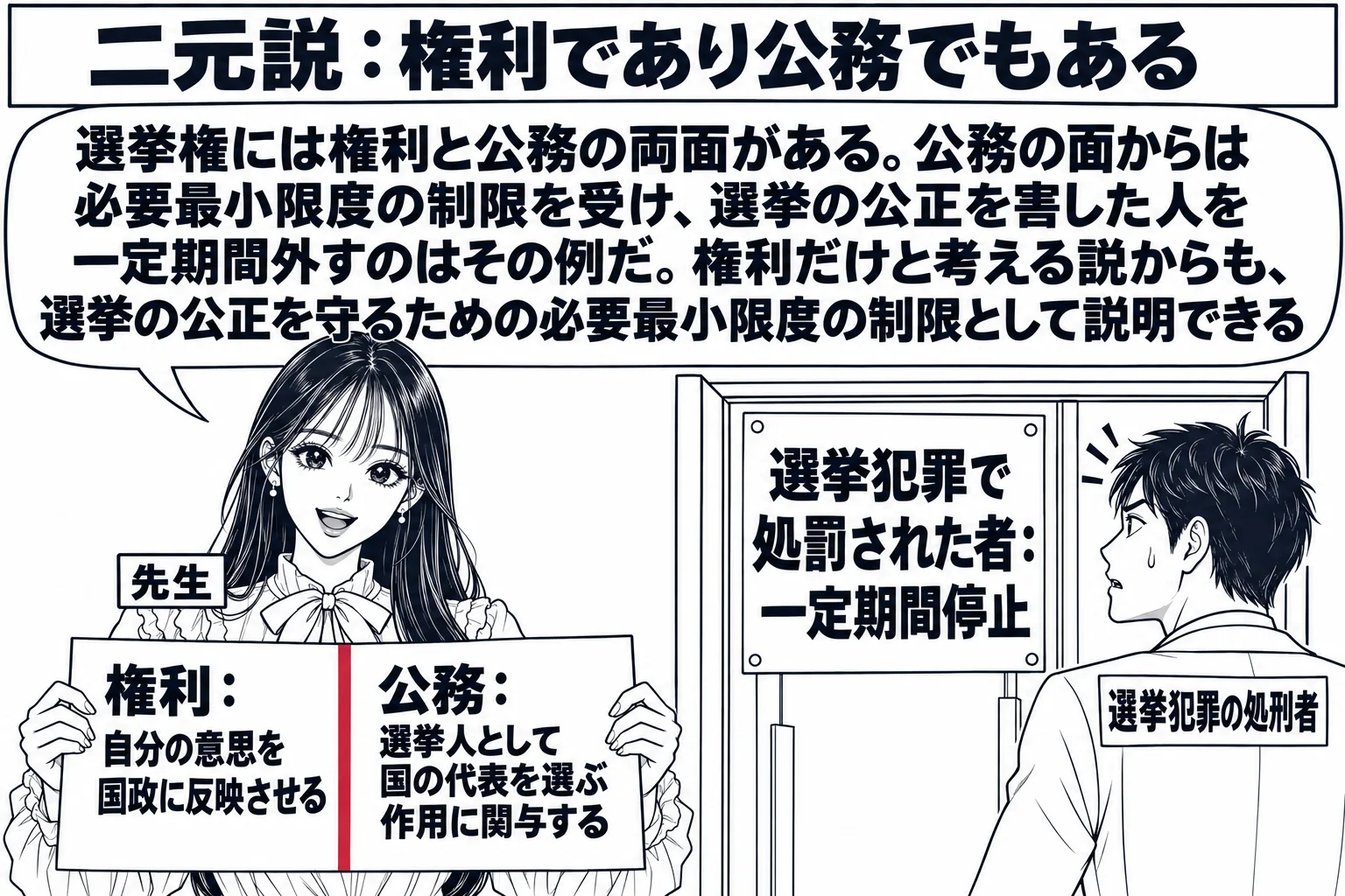 投票所の入口の場面。先生が教師役（札「先生」）で、一枚の投票用紙を両手で持ち、用紙の左半分に札「権利：自分の意思を国政に反映させる」、右半分に札「公務：選挙人として国の代表を選ぶ作用に関与する」。入口の脇に「選挙犯罪で処罰された者：一定期間