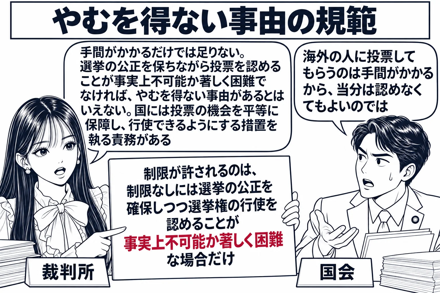 国会の委員会室の場面。先生が裁判官役（札「裁判所」）で、国会議員の男性（札「国会」）に向かって一枚の札を掲げる。札に「制限が許されるのは、制限なしには選挙の公正を確保しつつ選挙権の行使を認めることが事実上不可能か著しく困難な場合だけ」と書か