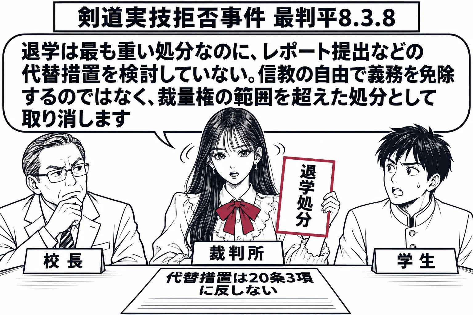 高等専門学校の校長室の場面。先生が裁判官役（札「裁判所」）で机の前に立ち、「退学処分」と書かれた通知書を手に持って首を横に振っている。左に校長の男性（札「校長」）、右に学生の男性（札「学生」）。先生の吹き出し「退学は最も重い処分なのに、レポ