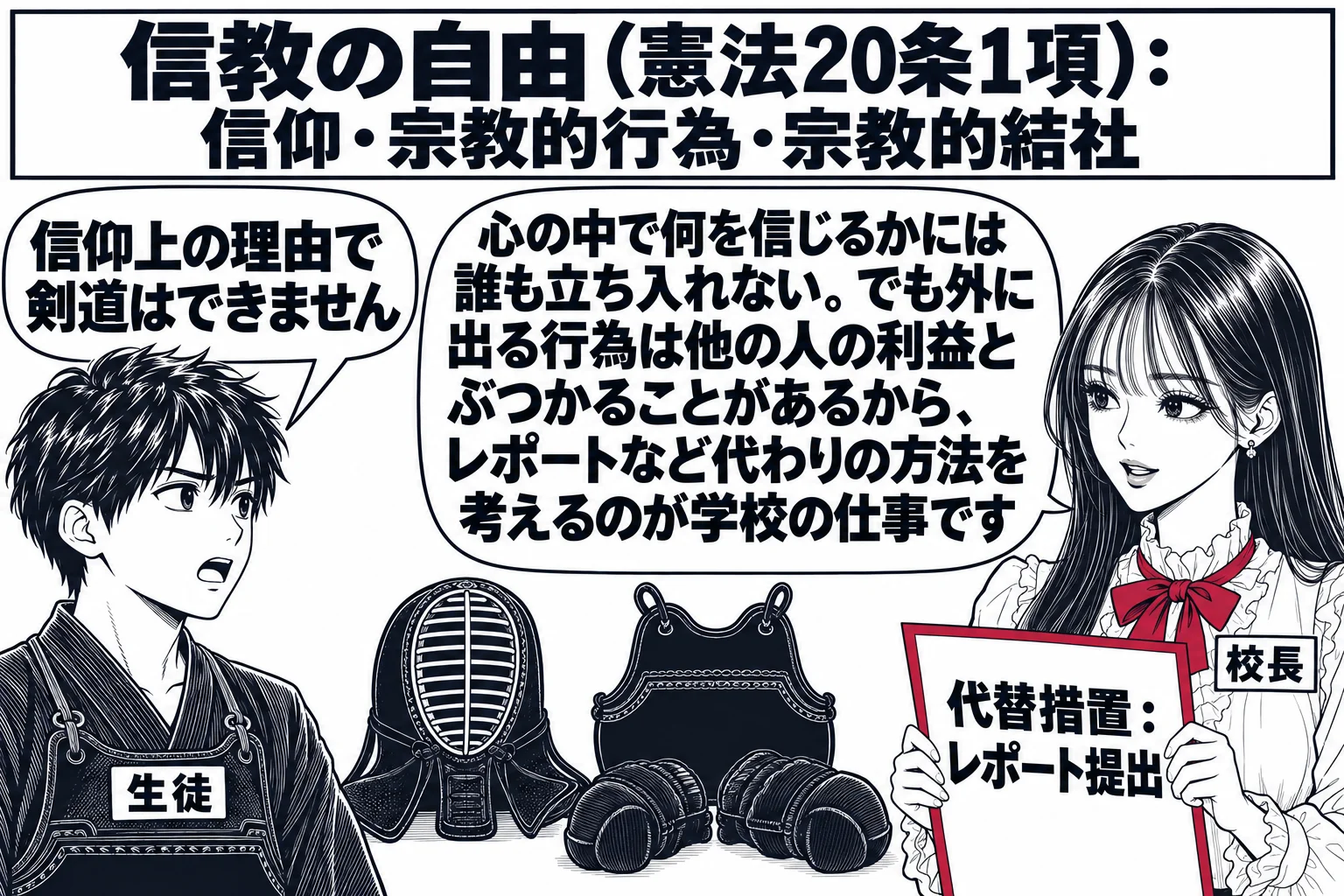 公立高校の体育館の場面。先生が校長役（札「校長」）で、剣道の防具が並ぶ横に立ち、竹刀を持たずに立つ男子生徒（札「生徒」）と向かい合っている。生徒の吹き出し「信仰上の理由で剣道はできません」。先生の吹き出し「心の中で何を信じるかには誰も立ち入