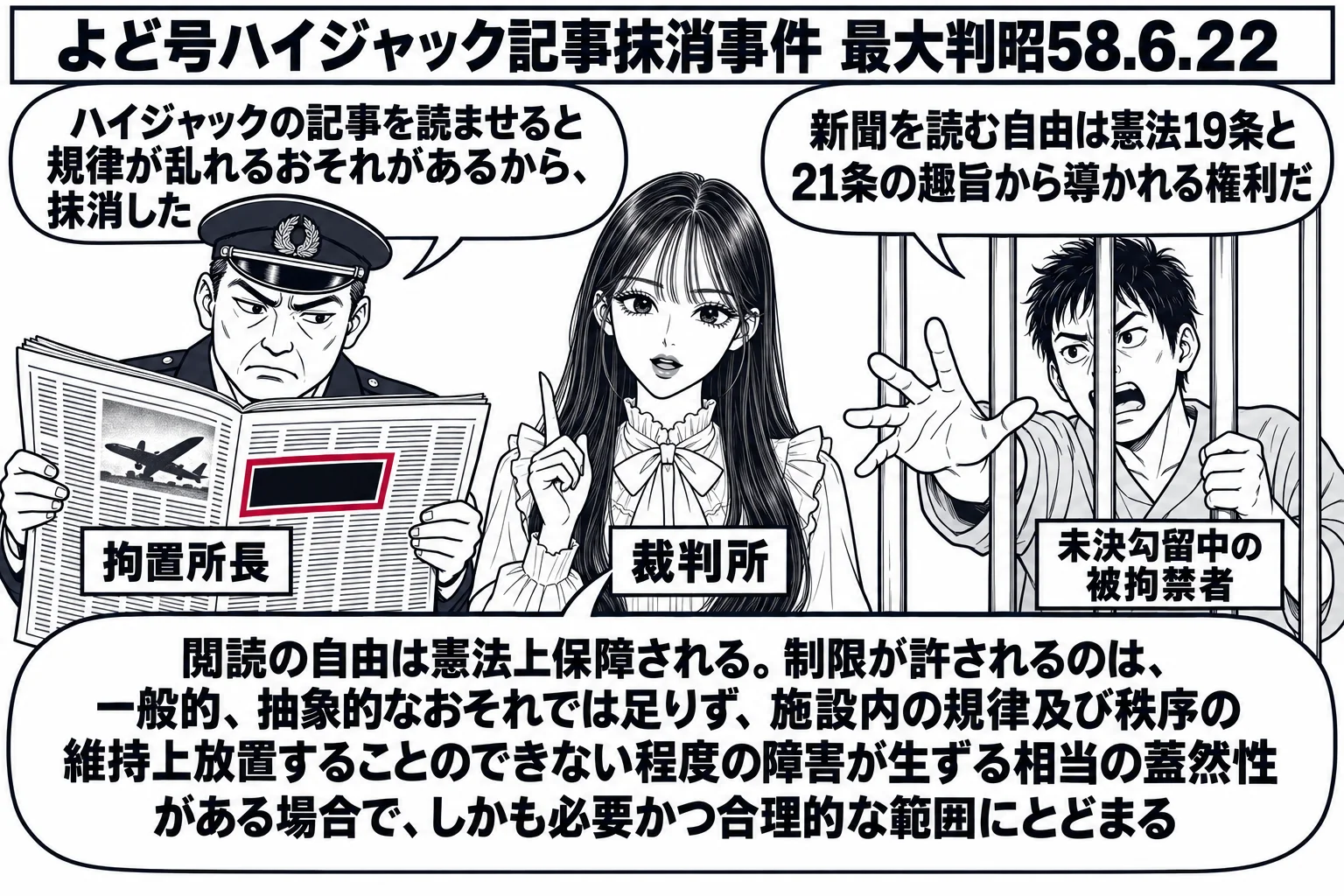 拘置所の居室の前の廊下の場面。先生が裁判官役（札「裁判所」）で中央に立っている。左に施設の職員の男性（札「拘置所長」）が、記事の一部を黒く塗りつぶした新聞を持ち、吹き出し「ハイジャックの記事を読ませると規律が乱れるおそれがあるから、抹消した
