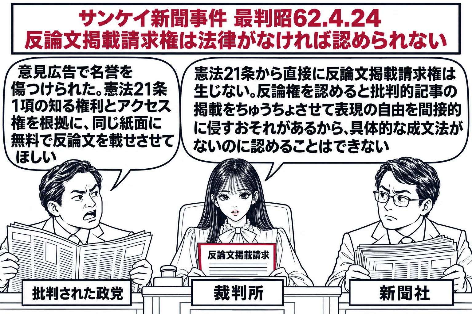 民事法廷の場面。先生が裁判官役（札「裁判所」）で法壇に座り、手元に「反論文掲載請求」と書かれた訴状を置いている。左に政党の代表の男性（札「批判された政党」）が新聞を広げて立ち、吹き出し「意見広告で名誉を傷つけられた。憲法21条1項の知る権利