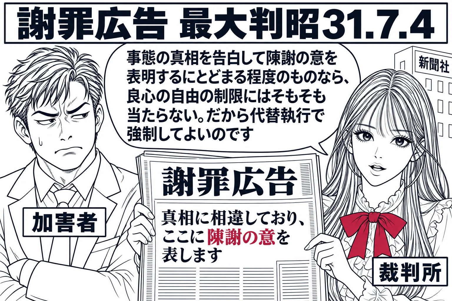 新聞社の前の場面。先生が裁判官役（札「裁判所」）で「謝罪広告」と書かれた新聞紙面を手に持っている。紙面の文言は「真相に相違しており、ここに陳謝の意を表します」。左に名誉を傷つけた男性（札「加害者」）が渋い顔で立つ。先生の吹き出し「事態の真相