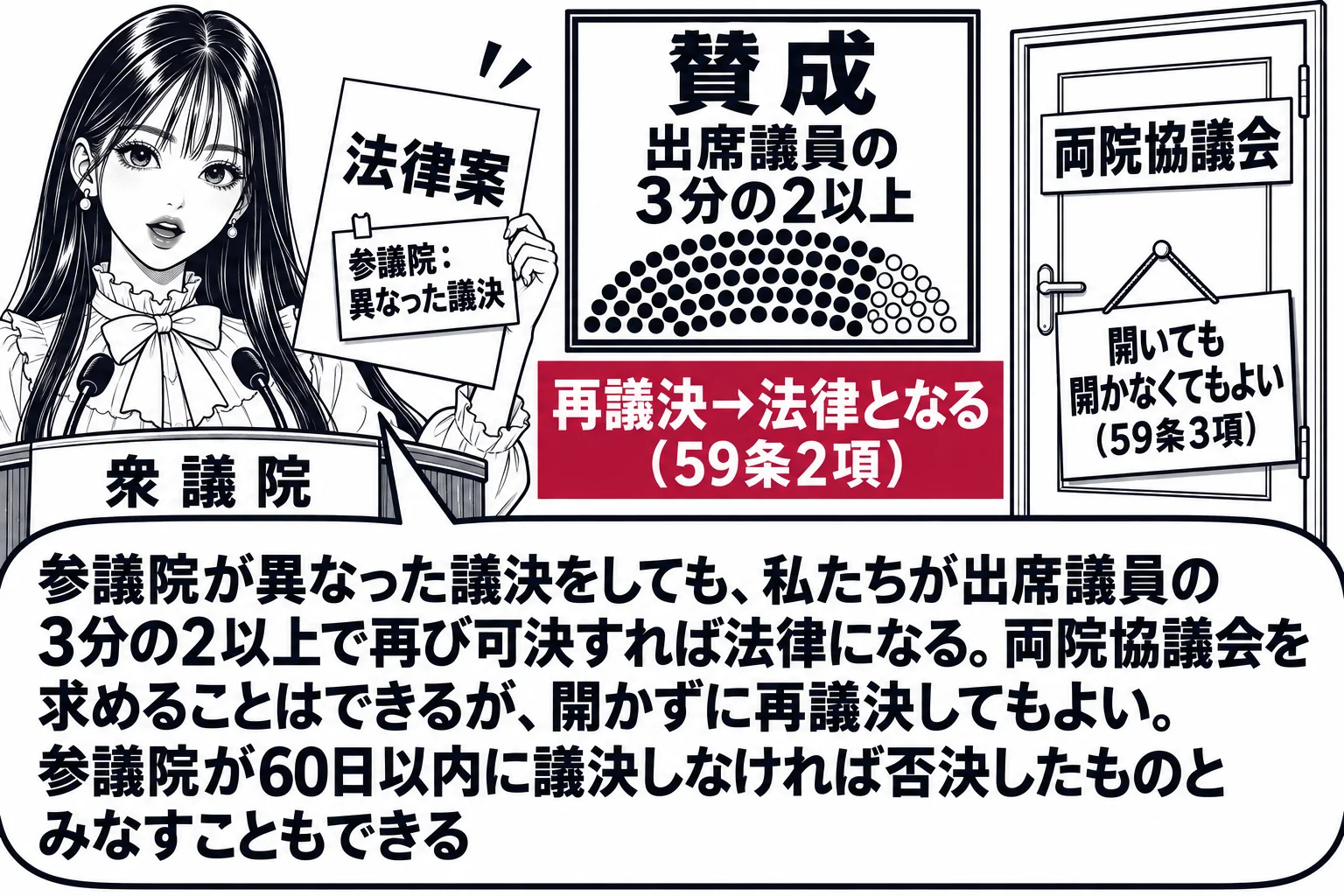 衆議院の議場の場面。先生が衆議院議長役（札「衆議院」）で議長席に立ち、「法律案」と書かれた紙を掲げている。紙には「参議院：異なった議決」の付箋が貼られている。議場の電光板に「賛成 出席議員の3分の2以上」と表示され、深紅で「再議決→法律とな