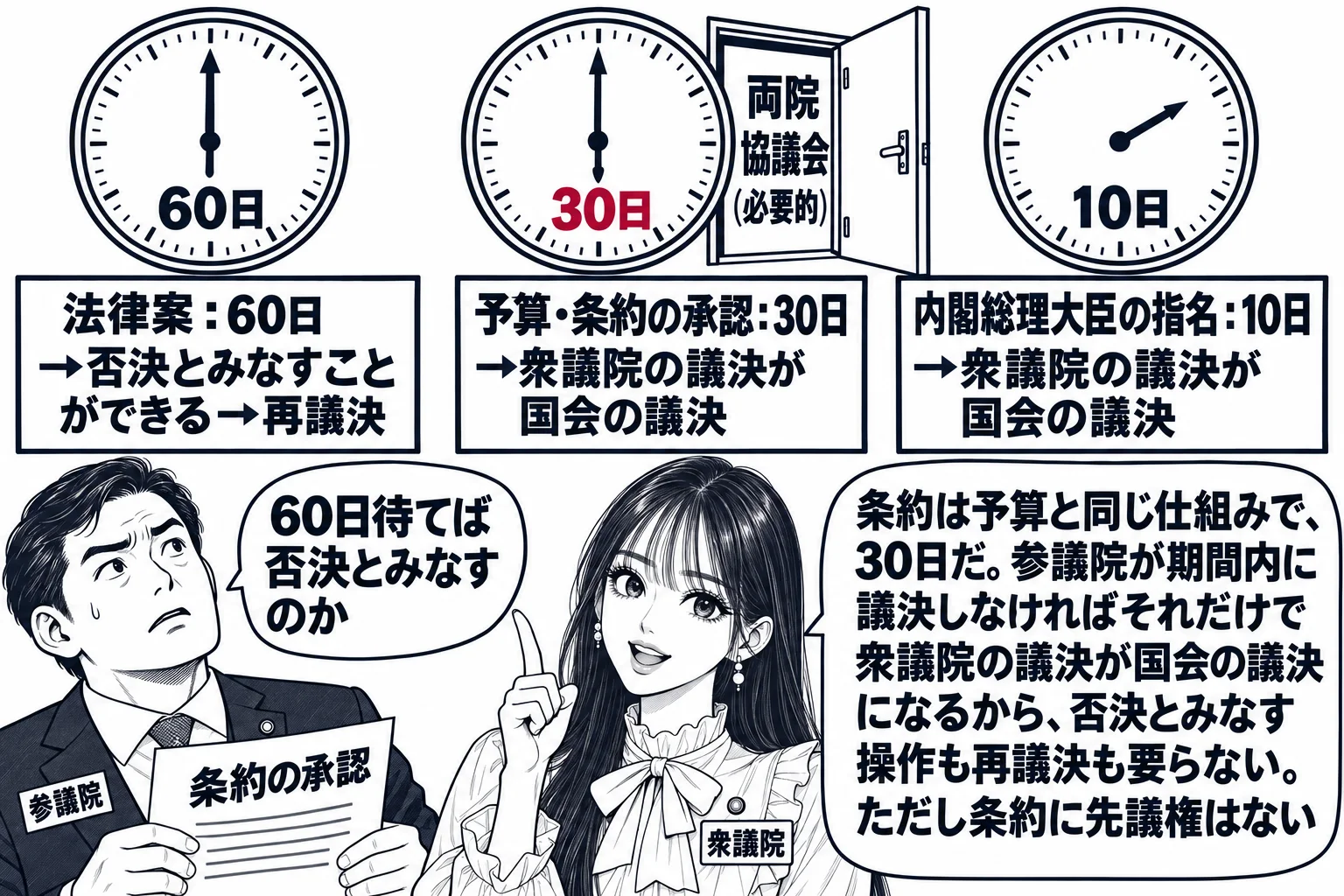 国会の廊下に大きな時計が三つ並んだ場面。左の時計の下に「法律案：60日→否決とみなすことができる→再議決」、中央の時計の下に「予算・条約の承認：30日→衆議院の議決が国会の議決」、右の時計の下に「内閣総理大臣の指名：10日→衆議院の議決が国