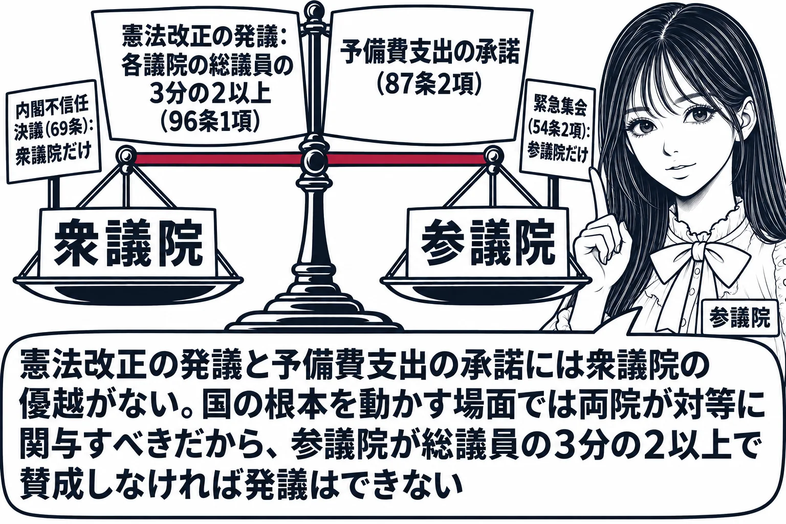 国会の中央ホールに大きな天秤が置かれた場面。天秤の左の皿に「衆議院」の札、右の皿に「参議院」の札が載り、皿は水平に釣り合っている。天秤の上に「憲法改正の発議：各議院の総議員の3分の2以上（96条1項）」「予備費支出の承諾（87条2項）」の二