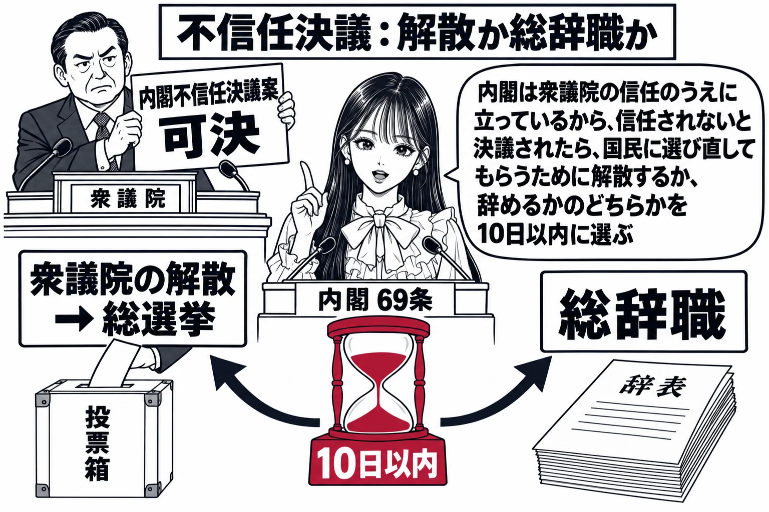 衆議院の本会議場の場面。議長席の男性（札「衆議院」）が「内閣不信任決議案 可決」と書いた大きな札を掲げている。先生が内閣総理大臣役（札「内閣 69条」）で演壇の前に立ち、左右に分かれた二本の道の前に立っている。左の道の先に「衆議院の解散 →