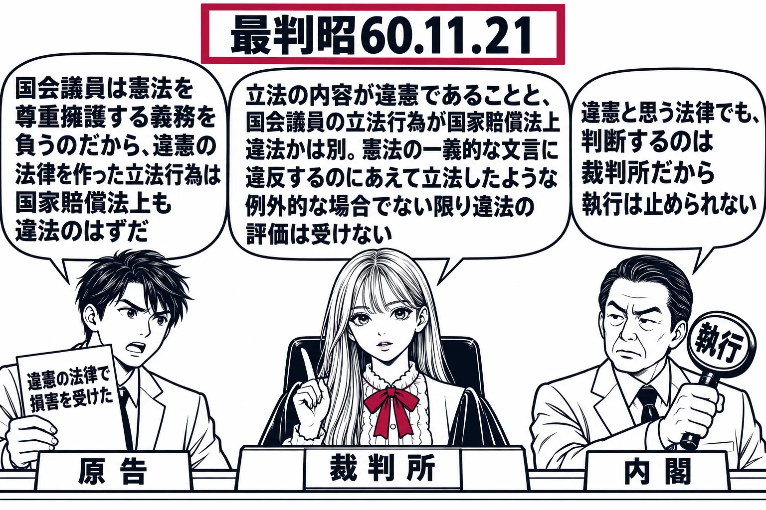 裁判所の法廷の場面。先生が裁判官役（札「裁判所」）で法壇に座り、左に原告の男性（札「原告」）が「違憲の法律で損害を受けた」と書いた紙を持ち、吹き出し「国会議員は憲法を尊重擁護する義務を負うのだから、違憲の法律を作った立法行為は国家賠償法上も