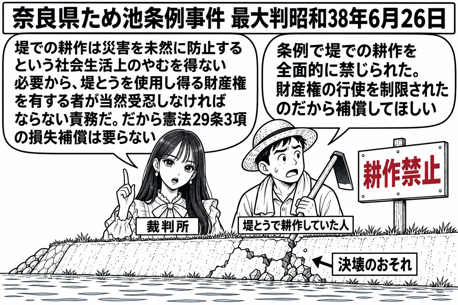 ため池の堤の上の場面。先生が裁判官役（札「裁判所」）で堤の上に立ち、隣に鍬を持った農家の男性（札「堤とうで耕作していた人」）が「耕作禁止」の立て札を見て、吹き出し「条例で堤での耕作を全面的に禁じられた。財産権の行使を制限されたのだから補償し