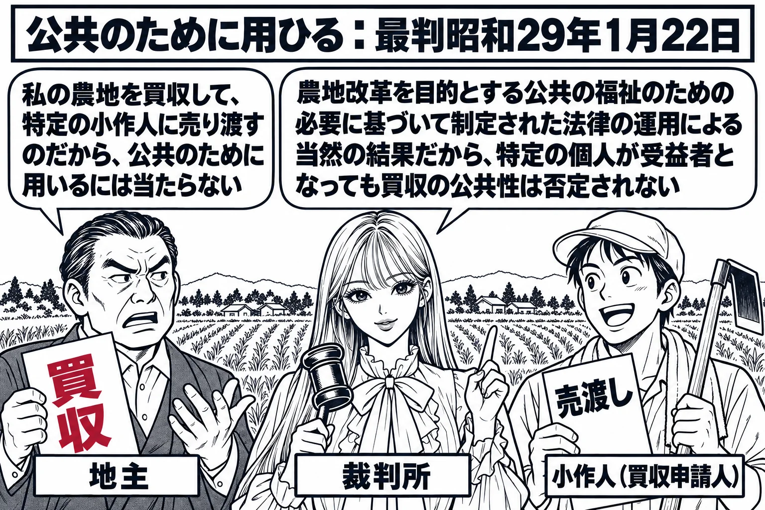農村の畑の場面。先生が裁判官役（札「裁判所」）で中央に立ち、左に地主の男性（札「地主」）が「買収」と書かれた通知書を持ち、吹き出し「私の農地を買収して、特定の小作人に売り渡すのだから、公共のために用いるには当たらない」。右に鍬を持った小作人