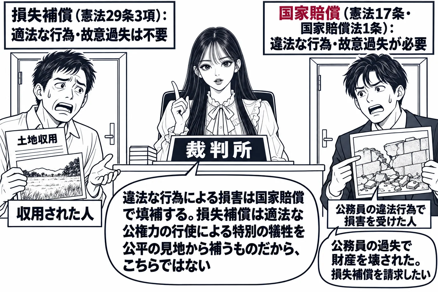 役所の相談窓口の場面。先生が裁判官役（札「裁判所」）で中央の机に座り、左右に二つの扉。左の扉の上に看板「損失補償（憲法29条3項）：適法な行為・故意過失は不要」、右の扉の上に看板「国家賠償（憲法17条・国家賠償法1条）：違法な行為・故意過失
