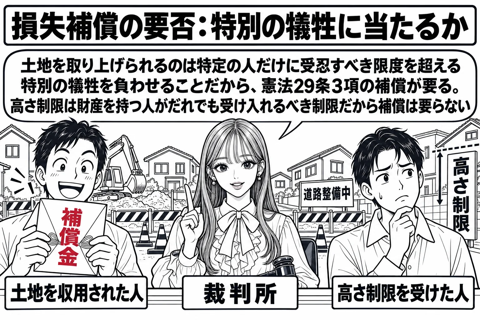 住宅街の道路工事の場面。先生が裁判官役（札「裁判所」）で中央に立ち、左に土地を収用された男性（札「土地を収用された人」）が「補償金」の封筒を受け取っており、右に自宅の前で「高さ制限」の看板を見ている男性（札「高さ制限を受けた人」）が手ぶらで