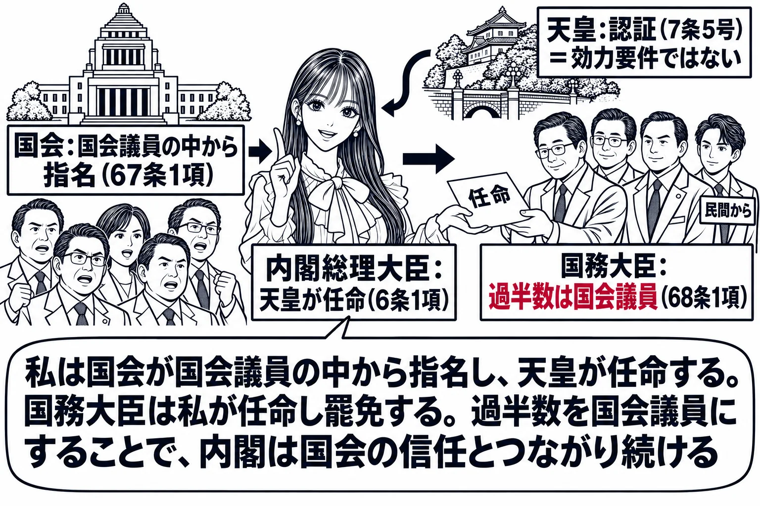 組閣の流れを左から右に描く場面。左に国会議事堂と議員たち（札「国会：国会議員の中から指名（67条1項）」）、中央に先生が内閣総理大臣役（札「内閣総理大臣：天皇が任命（6条1項）」）で立ち、右に先生が「任命」の辞令を渡す国務大臣の男性たち（札