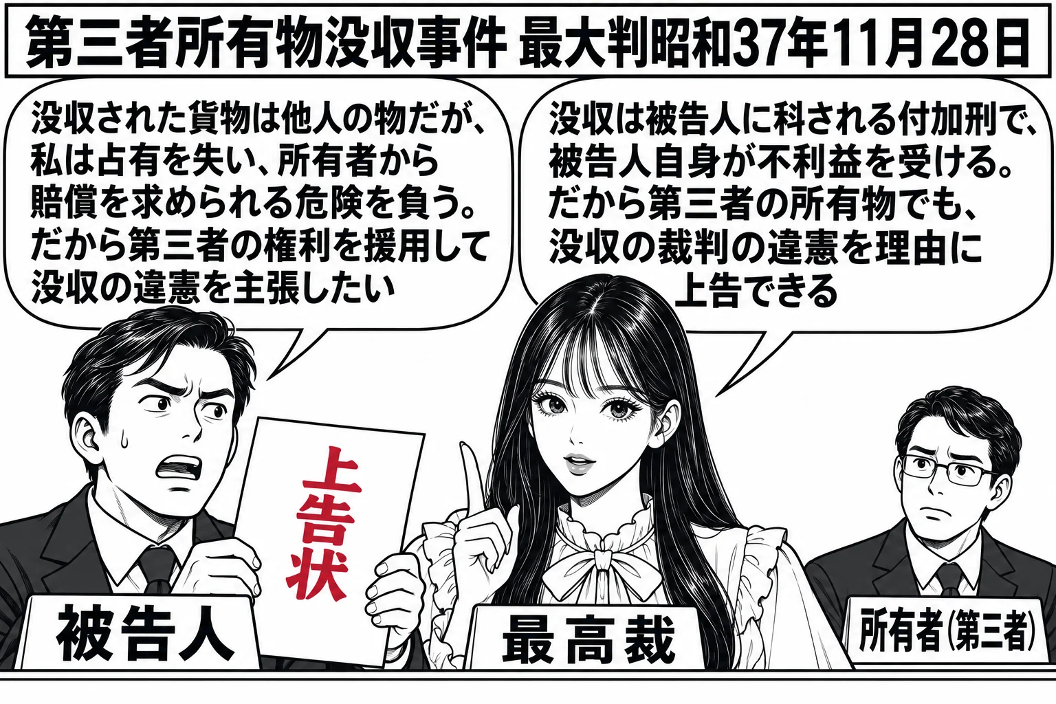 法廷の場面。先生が裁判官役（札「最高裁」）で中央。左に被告人の男性（札「被告人」）が「上告状」と書いた紙を持ち、吹き出し「没収された貨物は他人の物だが、私は占有を失い、所有者から賠償を求められる危険を負う。だから第三者の権利を援用して没収の