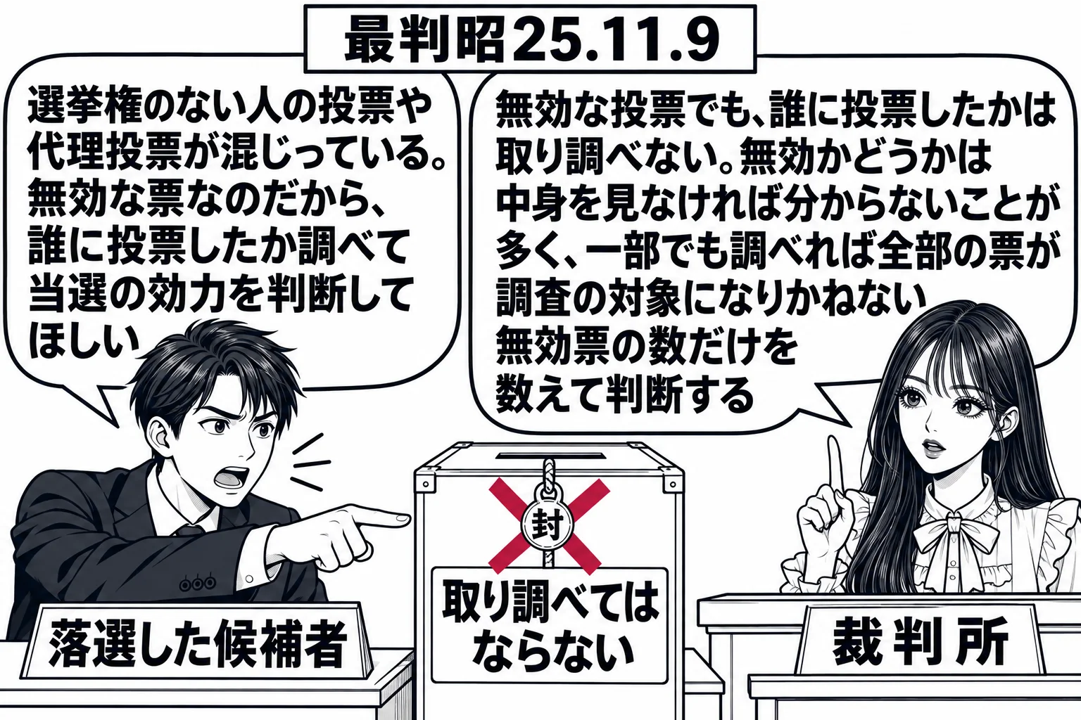 選挙の効力を争う法廷の場面。先生が裁判官役（札「裁判所」）で法壇に座る。原告席の男性（札「落選した候補者」）が投票箱を指して吹き出し「選挙権のない人の投票や代理投票が混じっている。無効な票なのだから、誰に投票したか調べて当選の効力を判断して