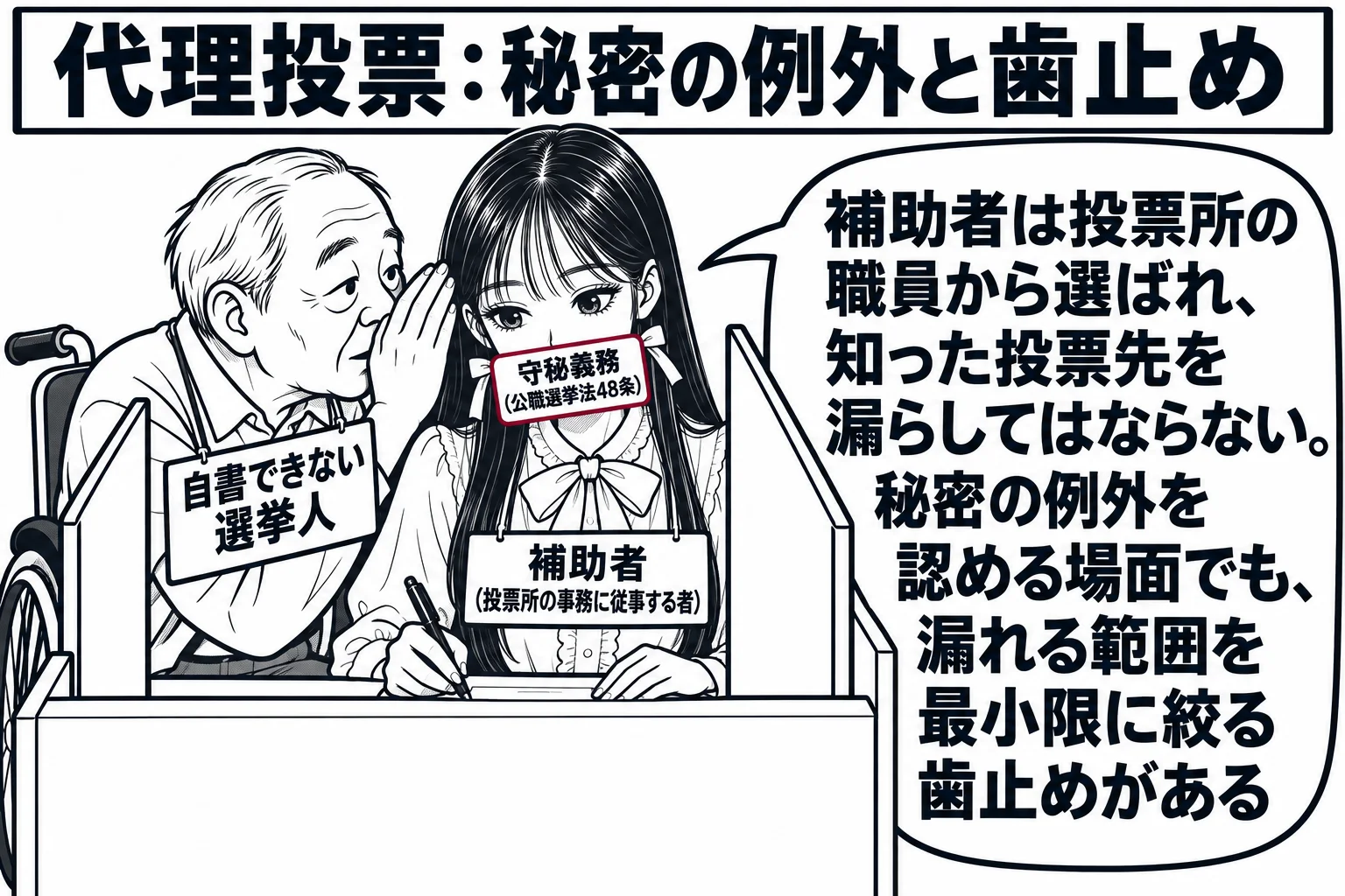 投票所の代理投票のブースの場面。車いすに座った高齢の男性（札「自書できない選挙人」）が、投票所の職員の先生（札「補助者（投票所の事務に従事する者）」）に耳打ちしている。先生が代わりに投票用紙に記入しており、先生の口には「守秘義務（公職選挙法