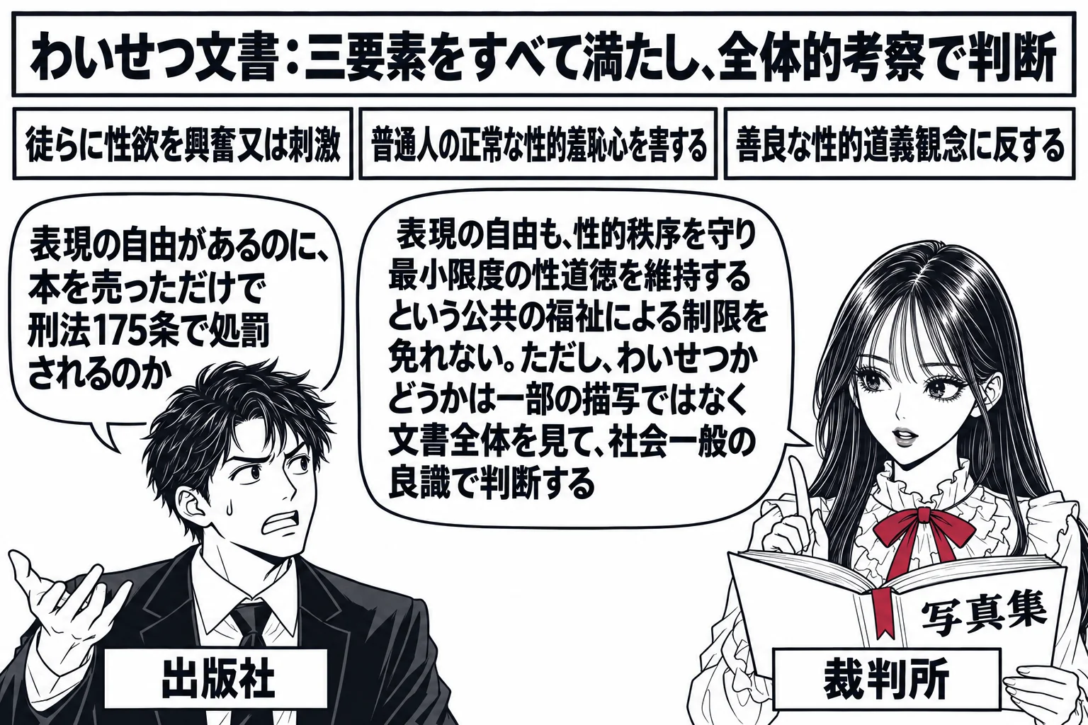 法廷の場面。先生が裁判官役（札「裁判所」）で、手に一冊の本（表紙に「写真集」）を持って全体をめくっている。被告人席の男性（札「出版社」）の吹き出し「表現の自由があるのに、本を売っただけで刑法175条で処罰されるのか」。先生の吹き出し「表現の