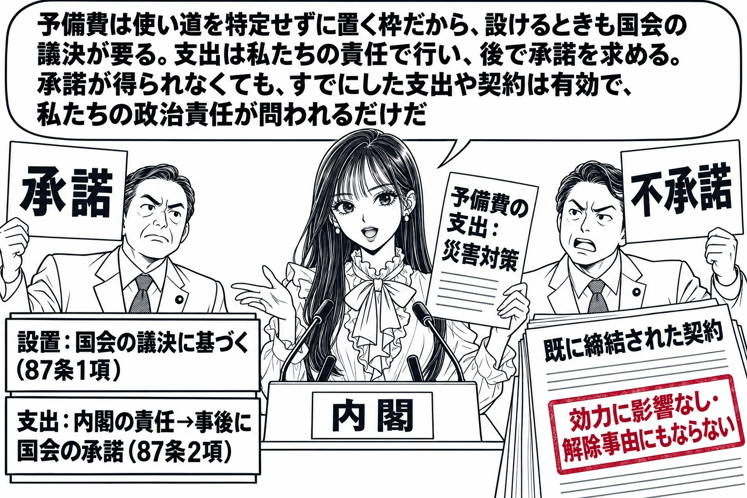 国会の本会議場の場面。先生が内閣総理大臣役（札「内閣」）で演壇に立ち、「予備費の支出：災害対策」と書かれた報告書を掲げ、議場の議員たちが「承諾」と「不承諾」の札を掲げている。演壇の脇に二段の札「設置：国会の議決に基づく（87条1項）」「支出