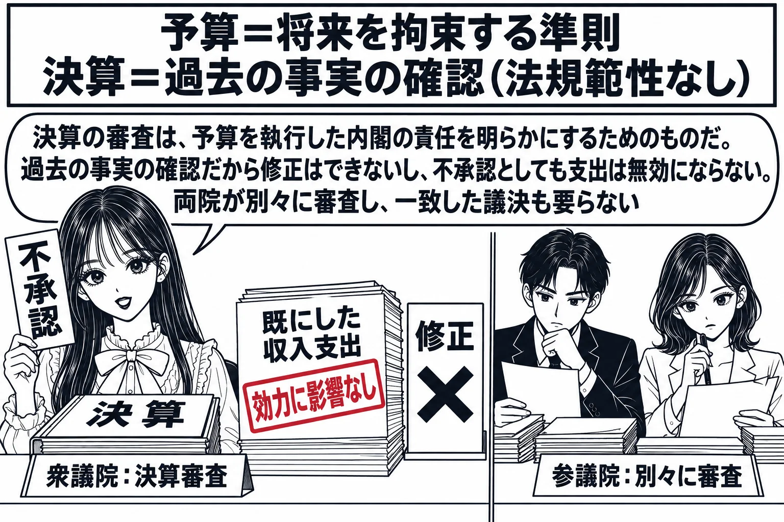 国会の委員会室の場面。先生が衆議院の議員役（札「衆議院：決算審査」）で「決算」の帳簿を前に「不承認」の札を掲げ、隣室に参議院の議員たち（札「参議院：別々に審査」）。机の脇に「既にした収入支出」の束と深紅の判「効力に影響なし」、「修正」の札に