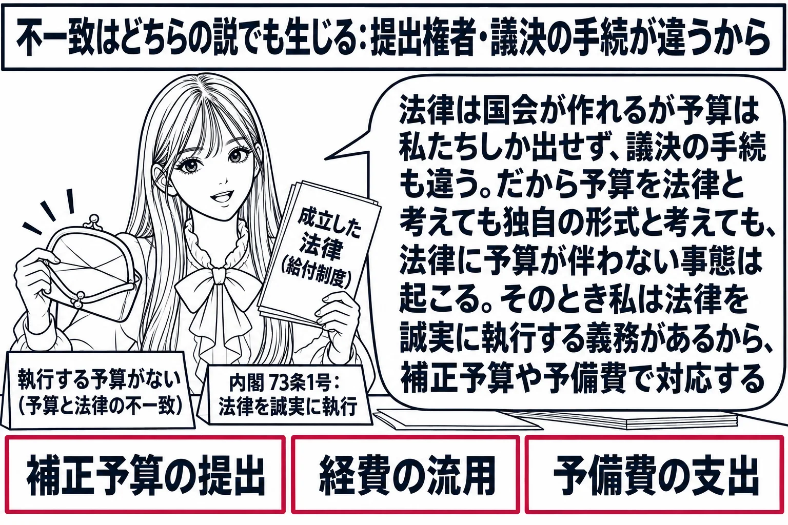 首相官邸の執務室の場面。先生が内閣総理大臣役（札「内閣 73条1号：法律を誠実に執行」）で机に着き、左手に「成立した法律（給付制度）」、右手に空の財布の絵と札「執行する予算がない（予算と法律の不一致）」。机の上に三枚の札「補正予算の提出」「