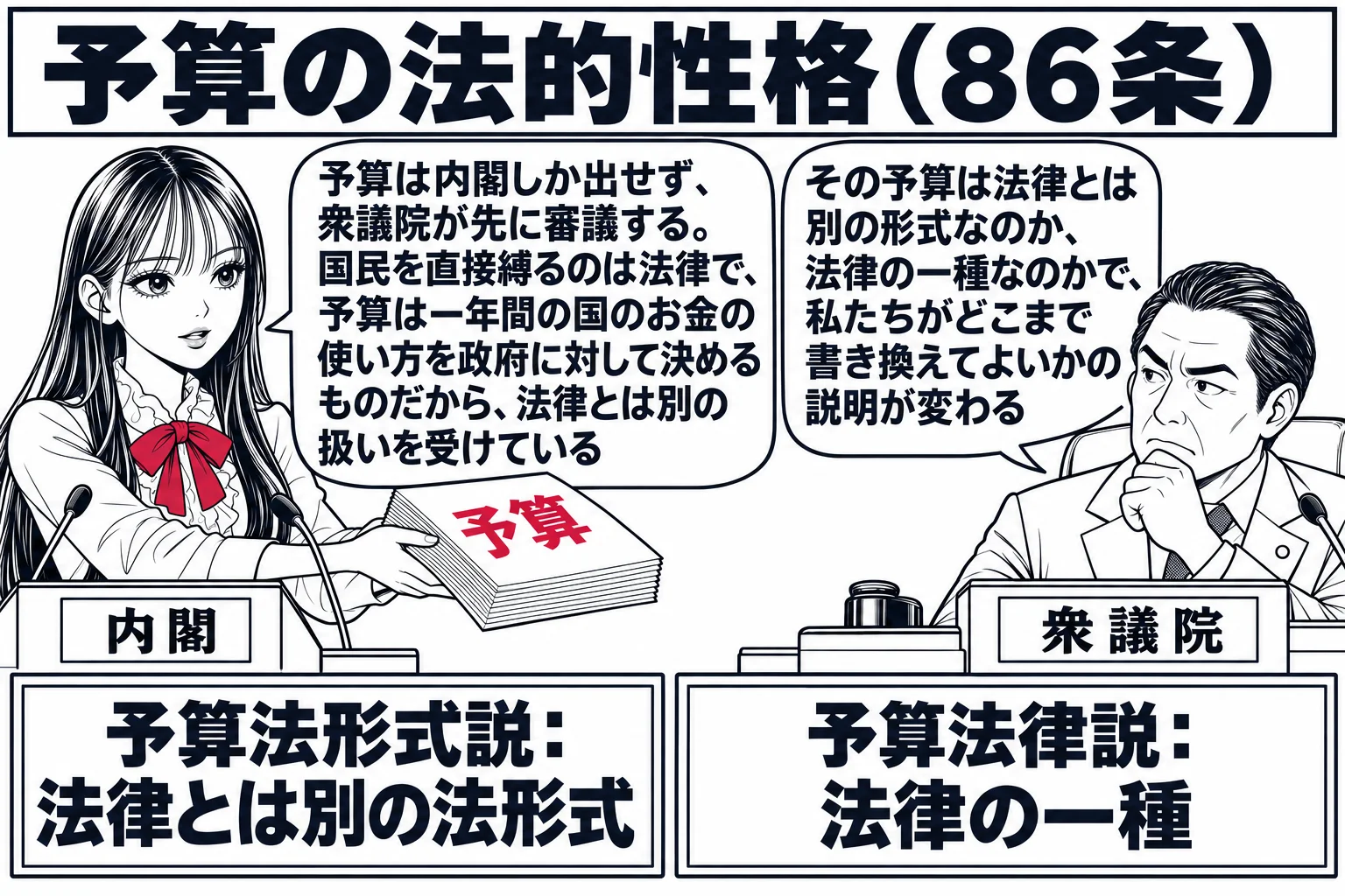 国会議事堂の前の場面。先生が憲法の先生役（札「予算の法的性格」）で二冊の本を持つ。左手の本は「法律」で、その表紙に「議員も提出できる・国民を拘束する」の札。右手の本は「予算」で、表紙に「内閣だけが提出（86条）・衆議院先議（60条）・政府を
