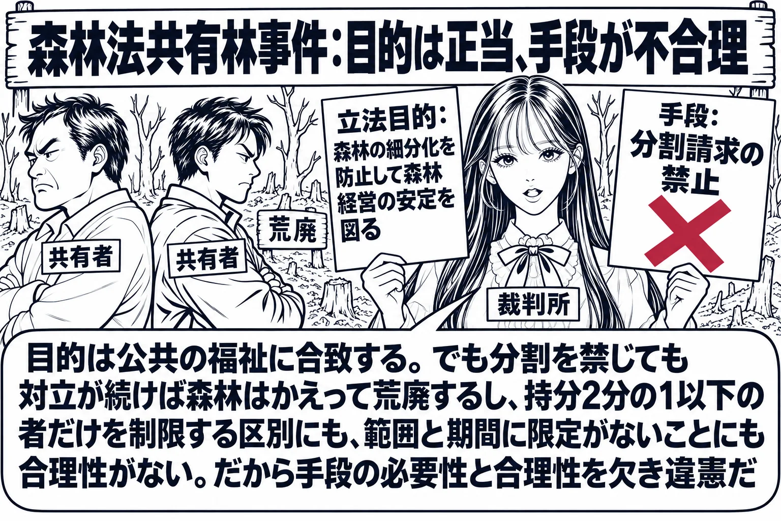 荒れた山林の場面。先生が裁判官役（札「裁判所」）で山林の前に立ち、左に対立して背を向け合う二人の共有者の男性（札「共有者」「共有者」）。山林には枯れ木と「荒廃」の札。先生の右手に「立法目的：森林の細分化を防止して森林経営の安定を図る」の札、