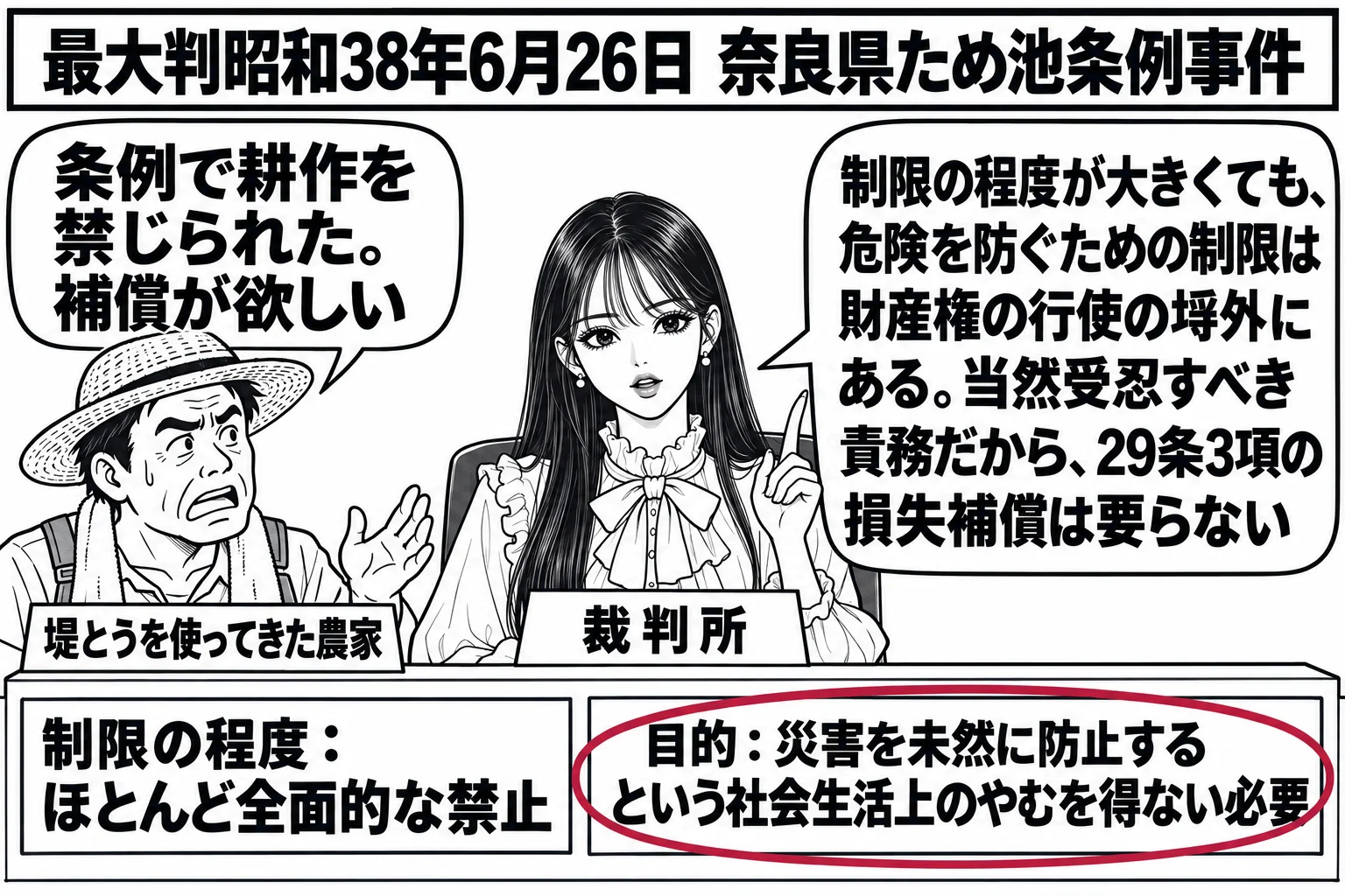 法廷の場面。先生が裁判官役（札「裁判所」）で中央に座り、左に農家の男性（札「堤とうを使ってきた農家」）が「条例で耕作を禁じられた。補償が欲しい」の吹き出し。先生の机の上に二枚の札、「制限の程度：ほとんど全面的な禁止」と、深紅の丸で囲まれた「