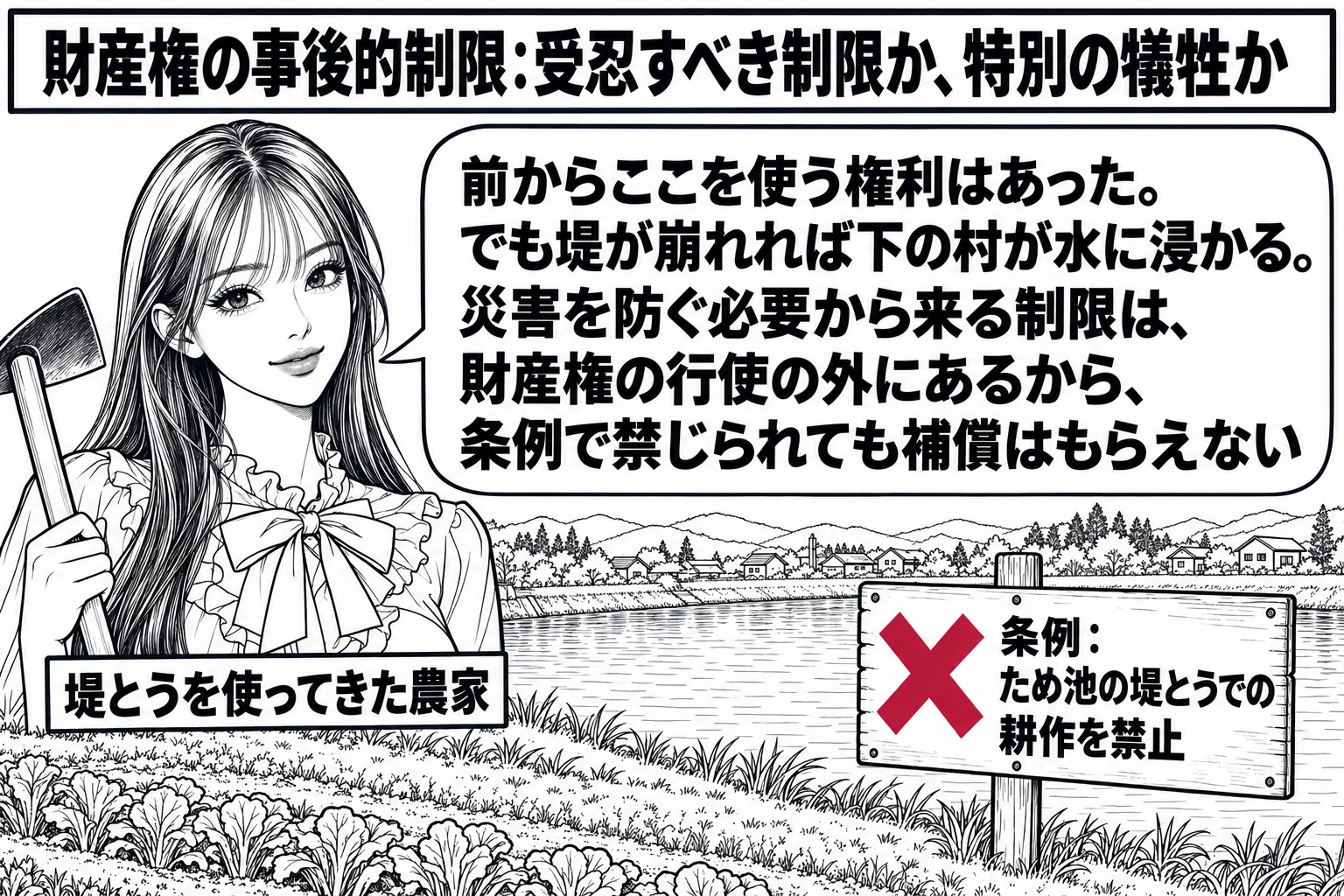 ため池の堤の場面。先生が農家役（札「堤とうを使ってきた農家」）で鍬を持ち、足元の堤に作物が植わっている。堤の上に深紅の×印付きの立て札「条例：ため池の堤とうでの耕作を禁止」。堤の向こうにため池と水面、遠くに家並み。先生の吹き出し「前からここ