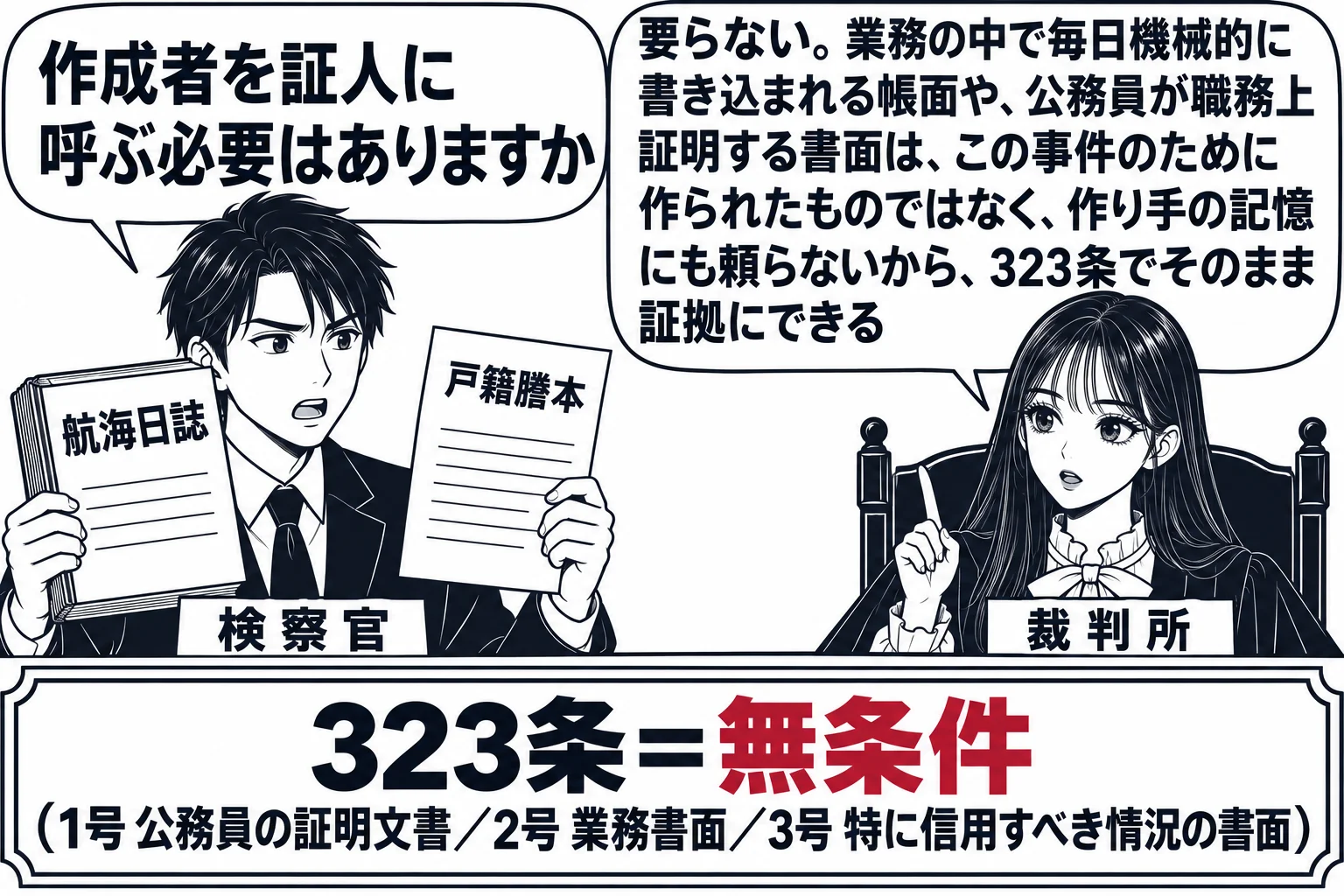 法廷の場面。先生が裁判官役（札「裁判所」）で法壇に座る。男性の検察官（札「検察官」）が「航海日誌」と表紙に書かれた分厚い帳面と「戸籍謄本」と書かれた一枚の紙を掲げ、吹き出し「作成者を証人に呼ぶ必要はありますか」。先生の吹き出し「要らない。業
