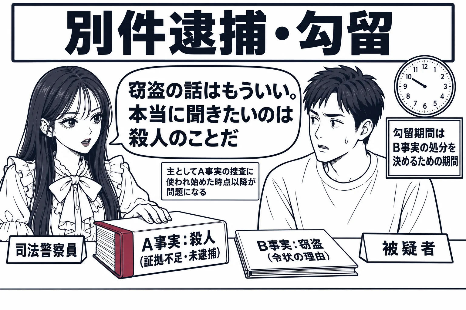 警察署の取調室の場面。先生が警察官役（札「司法警察員」）で机に座り、向かいに男性（札「被疑者」）が座っている。机の上に薄いファイル「B事実：窃盗（令状の理由）」と、分厚いファイル「A事実：殺人（証拠不足・未逮捕）」があり、先生の手は分厚い方