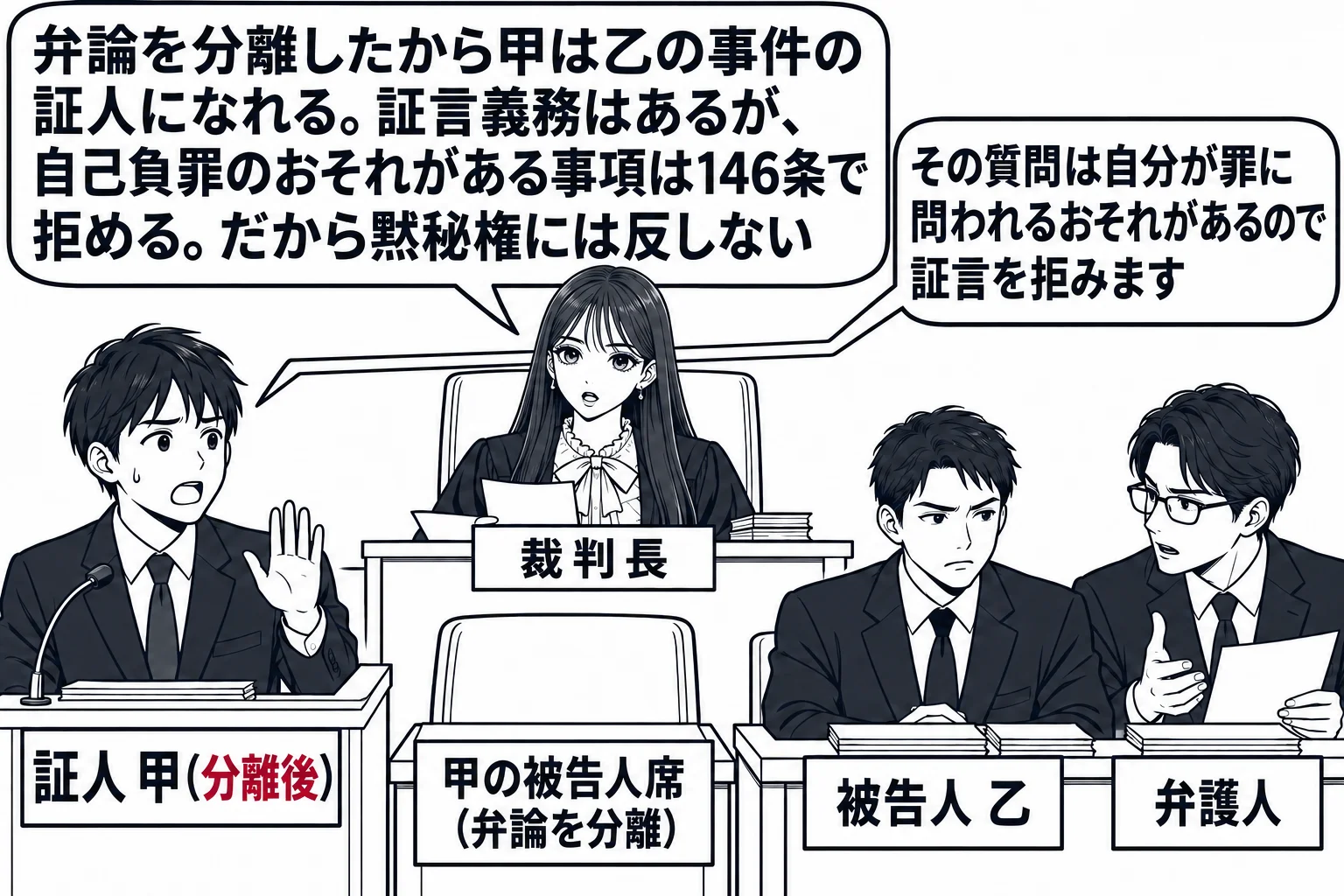 法廷の場面。証言台に男性（札「証人 甲（分離後）」）が立ち、法壇の先生が裁判長役（札「裁判長」）、被告人席には男性（札「被告人 乙」）とその弁護人（札「弁護人」）だけが座り、空いた椅子に札「甲の被告人席（弁論を分離）」。証人の小さな吹き出し