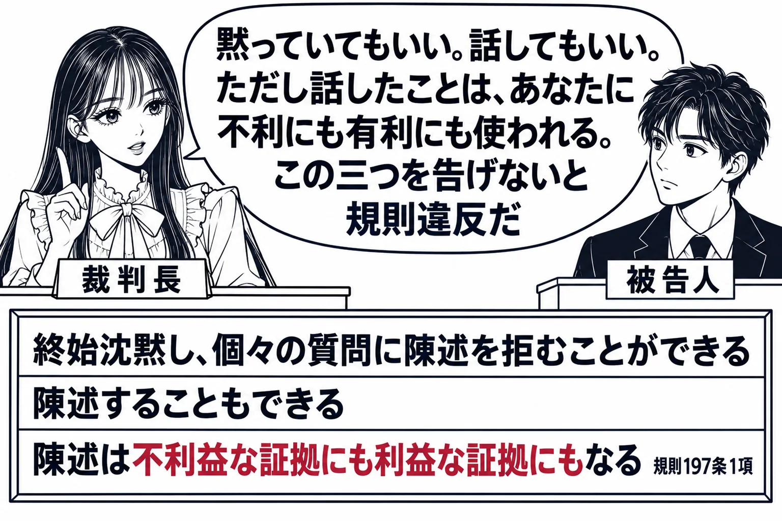 法廷で裁判長が黙秘権を告知する場面。先生が裁判長役（札「裁判長」）で法壇から被告人に向かって話し、証言台の男性（札「被告人」）が聞いている。法壇の前に大きく開いた札に三行「終始沈黙し、個々の質問に陳述を拒むことができる」「陳述することもでき