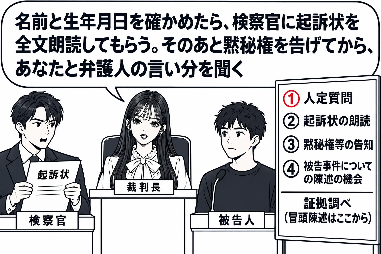 法廷の冒頭手続の場面。先生が裁判長役（札「裁判長」）で法壇に座り、証言台の前に男性（札「被告人」）が立つ。検察官席の男性（札「検察官」）が起訴状を両手で持って立ち上がりかけている。法壇の脇に立てた進行板に上から「①人定質問」「②起訴状の朗読