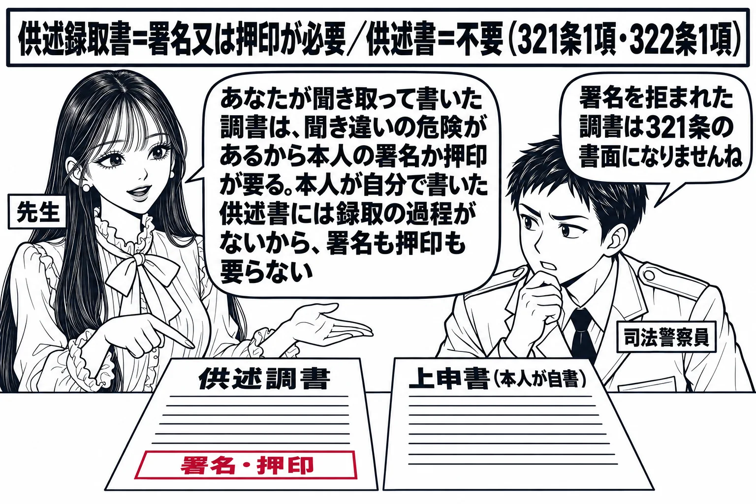 取調室の場面。机の上に二枚の書面が並ぶ。左の書面は表題「供述調書」で末尾に「署名・押印」の欄が強調され、右の書面は表題「上申書（本人が自書）」で末尾に欄が無い。先生（札「先生」）が男性の司法警察員（札「司法警察員」）に説明している。先生の吹