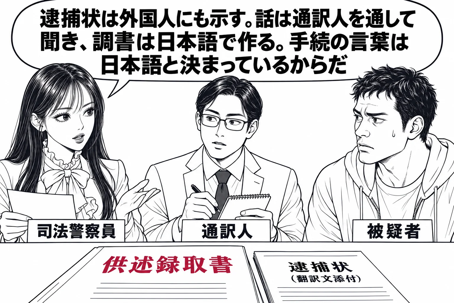 警察署の取調室の場面。先生が司法警察員役（札「司法警察員」）で机に向かい、向かいに座る男性の被疑者（札「被疑者」）との間に通訳人の男性（札「通訳人」）が座っている。机の上に「供述録取書」と表紙に書かれた日本語の書類と、横に小さく「逮捕状（翻