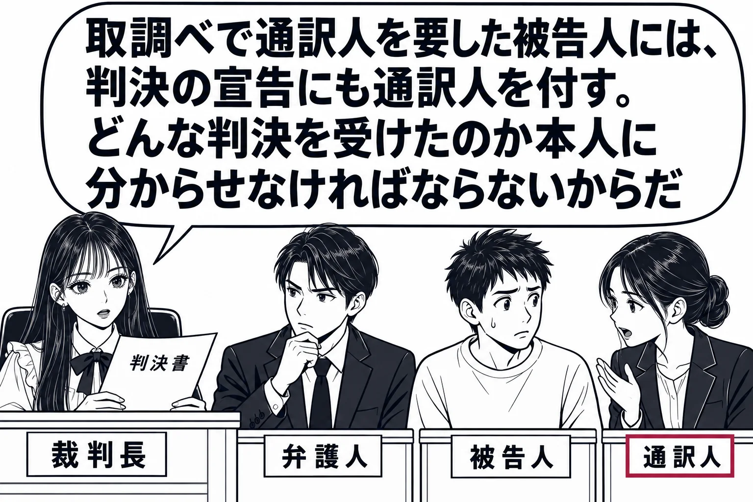 法廷の判決宣告の場面。先生が裁判長役（札「裁判長」）で法壇に立ち判決書を読み上げ、被告人席の男性（札「被告人」）の横に通訳人の女性（札「通訳人」）が立って被告人に向かって口を開いている。弁護人席に男性（札「弁護人」）。先生の吹き出し「取調べ