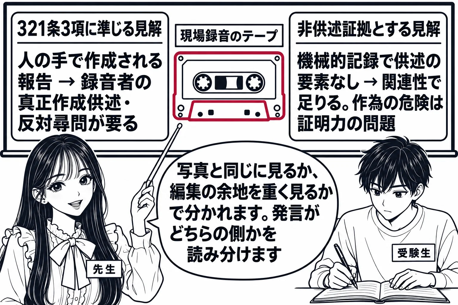 教室の場面。先生が教師役（札「先生」）で黒板の前に立ち、指し棒で板書を指している。黒板の中央にカセットテープの絵（札「現場録音のテープ」）が描かれ、左右に二つの枠がある。左の枠の見出し「321条3項に準じる見解」の下に「人の手で作成される報