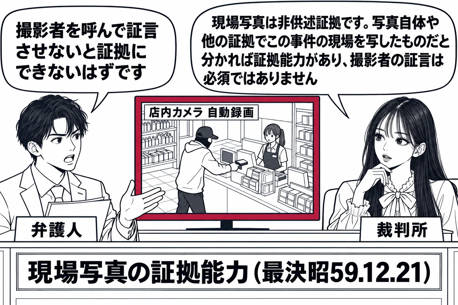 法廷の場面。先生が裁判官役（札「裁判所」）で法壇に座り、法廷のスクリーンに映った防犯カメラの静止画（画面の端に「店内カメラ 自動録画」の表示）を見ている。男性の弁護人（札「弁護人」）が吹き出し「撮影者を呼んで証言させないと証拠にできないはず