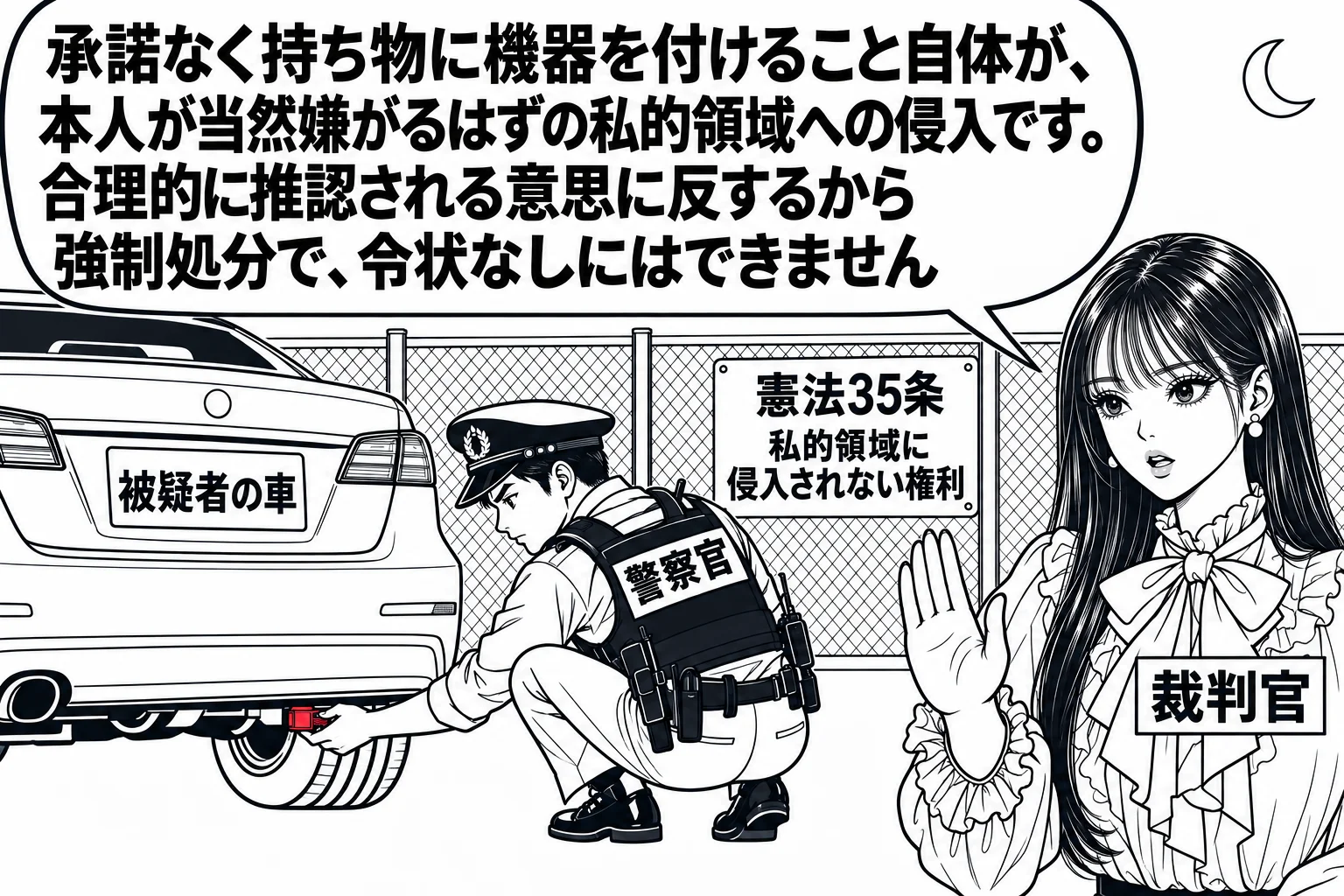 夜の月極駐車場の場面。停めてある乗用車（札「被疑者の車」）の後部バンパーの裏に、男性の捜査員（札「警察官」）がしゃがんで小さなGPS端末を取り付けようとしている。先生が隣に立つ裁判官役（札「裁判官」）で、手のひらを前に出して止めている。先生