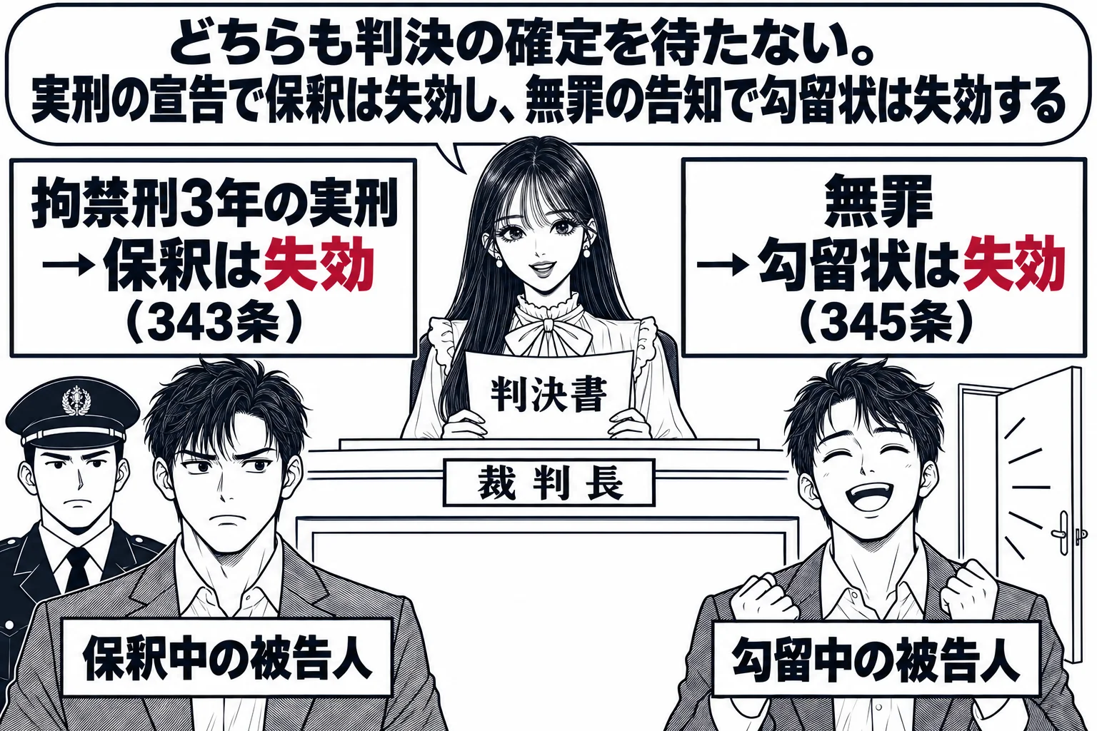 法廷で判決を言い渡す場面。先生が裁判長役（札「裁判長」）で法壇に座り、判決書を手に持つ。法壇の前に二人の男性が並び、左の男性の札「保釈中の被告人」、右の男性の札「勾留中の被告人」。左の男性の頭上に看板「拘禁刑3年の実刑 → 保釈は失効（34