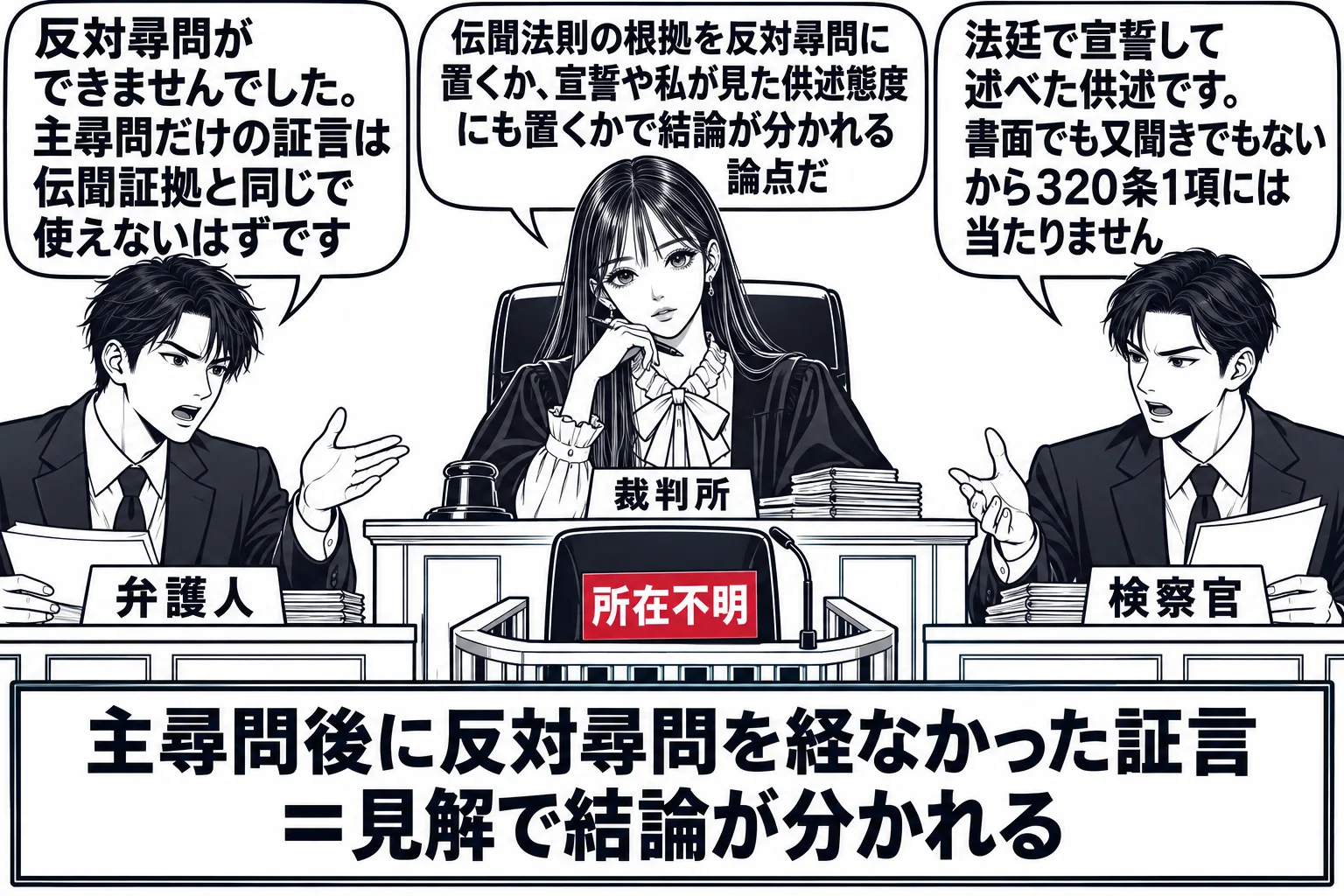 法廷の場面。先生が裁判官役（札「裁判所」）で法壇に座る。証言台は空で、椅子に「所在不明」と書かれた札が置かれている。男性の弁護人（札「弁護人」）が立ち上がって吹き出し「反対尋問ができませんでした。主尋問だけの証言は伝聞証拠と同じで使えないは